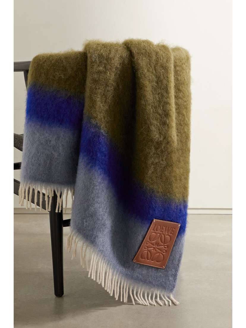 Loewe Leather-trimmed Fringed Striped Mohair-blend Blanket