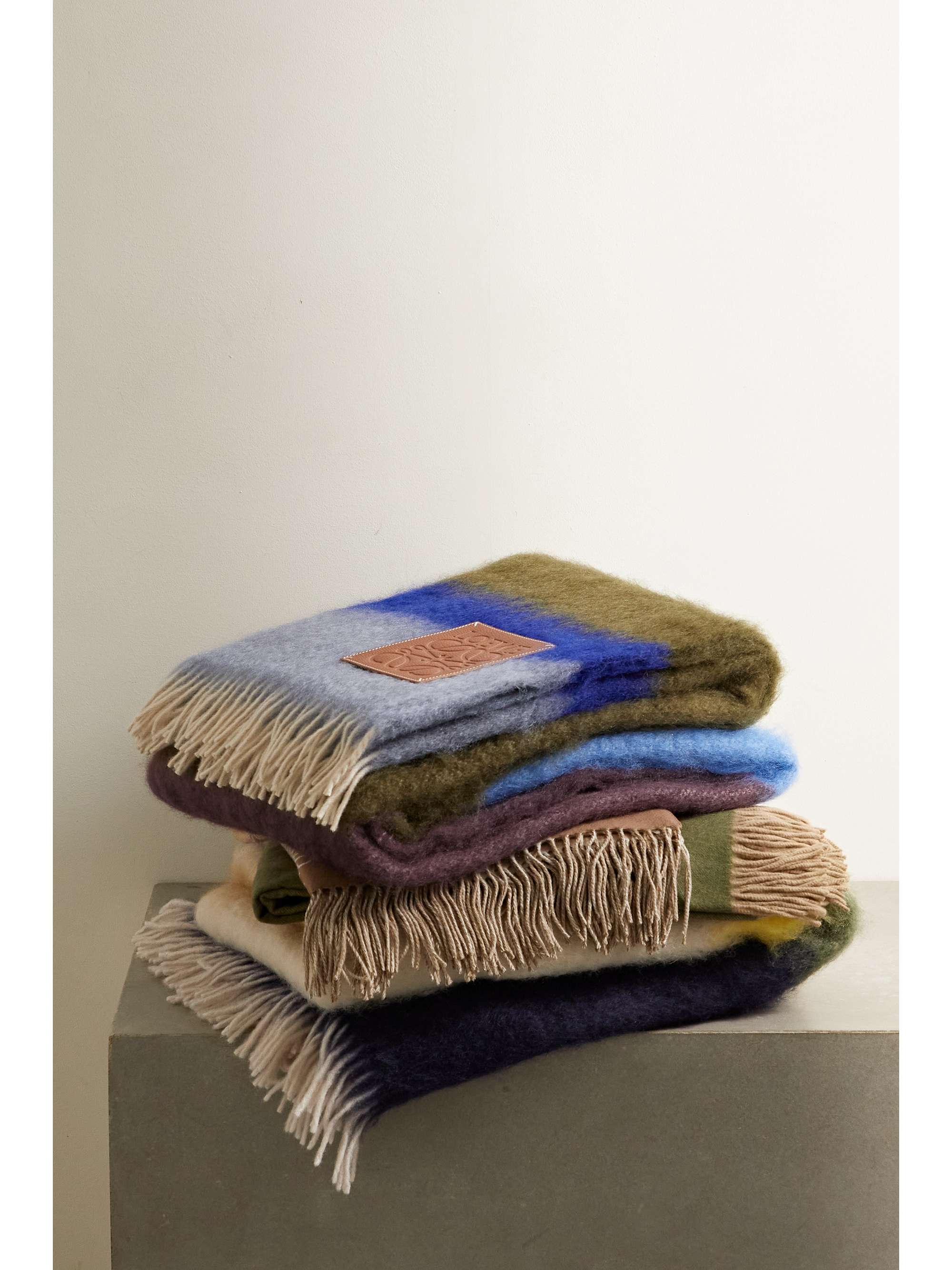 LOEWE Leather-trimmed fringed striped mohair-blend blanket
