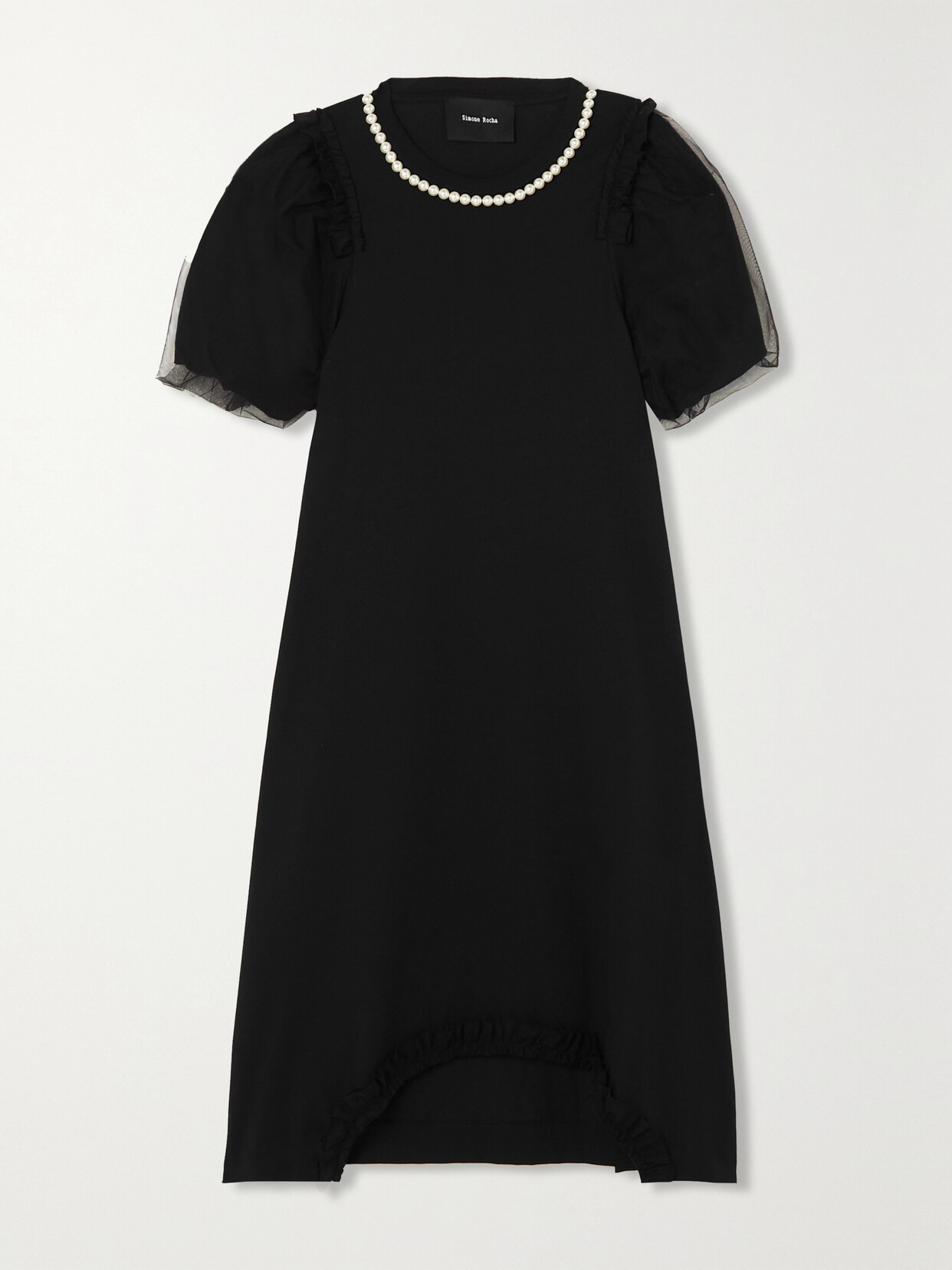 Simone Rocha Faux Pearl-embellished Tulle-trimmed Cotton-jersey Midi Dress In Black