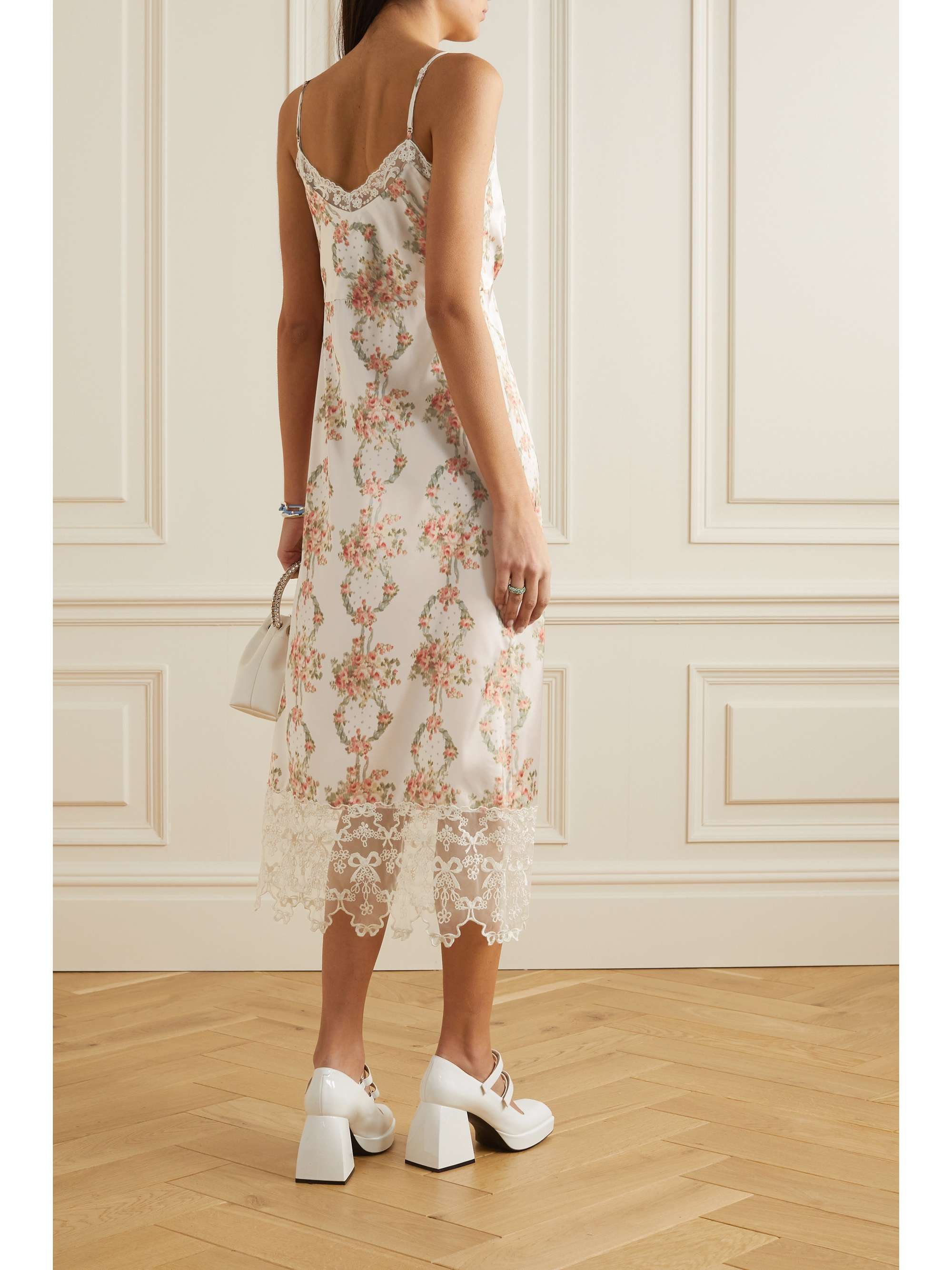 SIMONE ROCHA Lace-trimmed floral-print satin midi dress