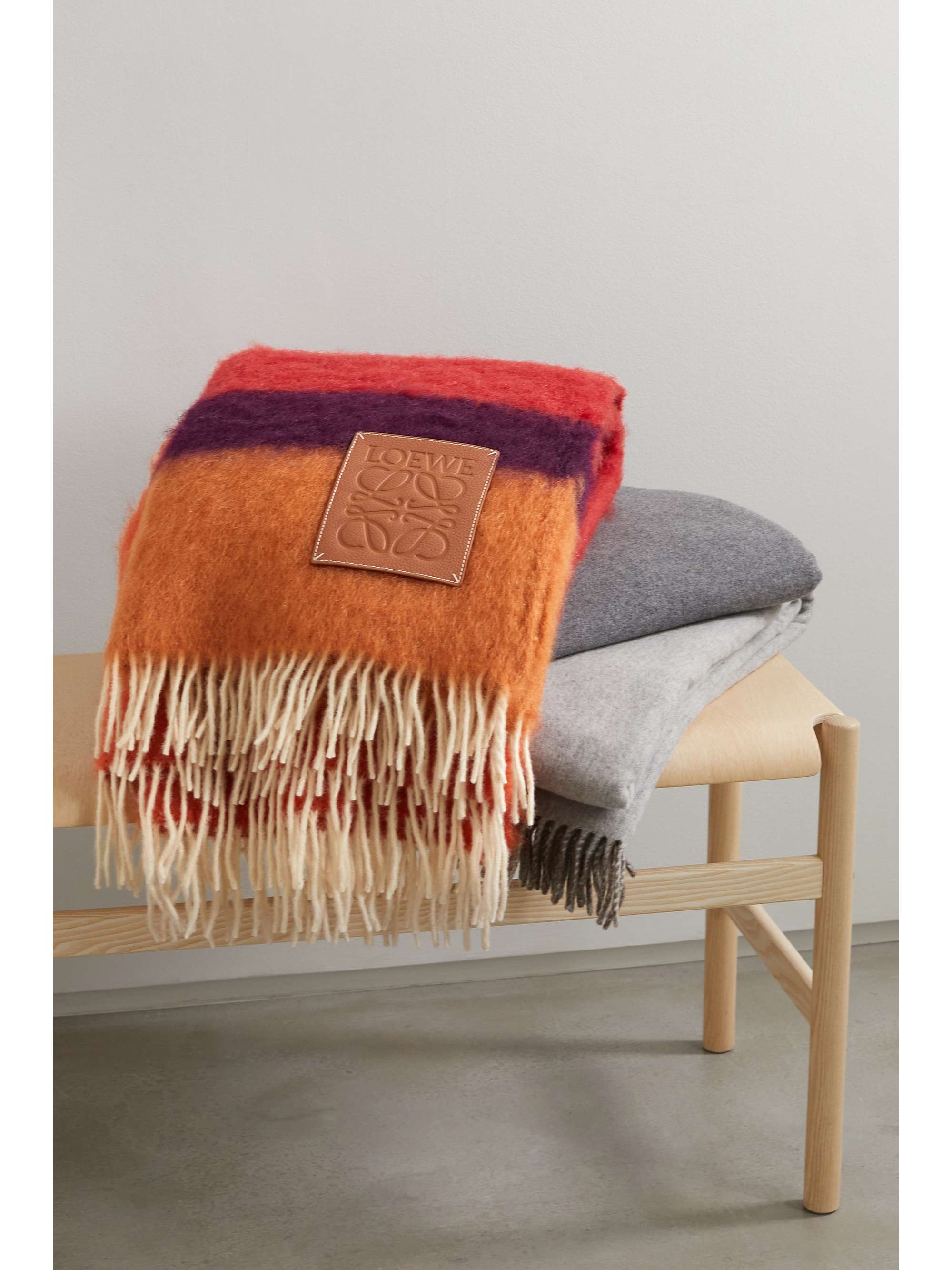 LOEWE Fringed striped mohair and wool-blend blanket