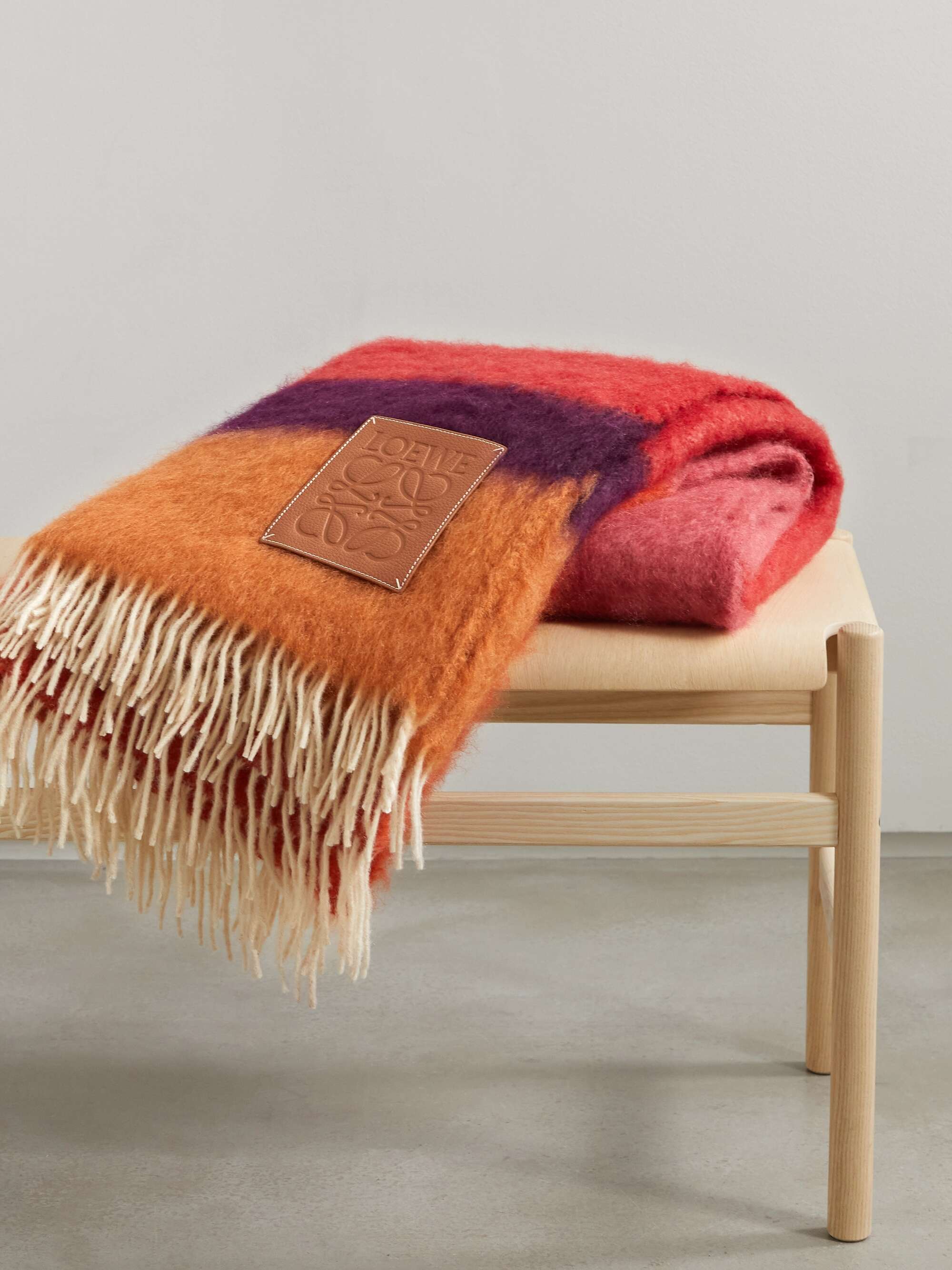 Fringed striped mohair and wool-blend blanket