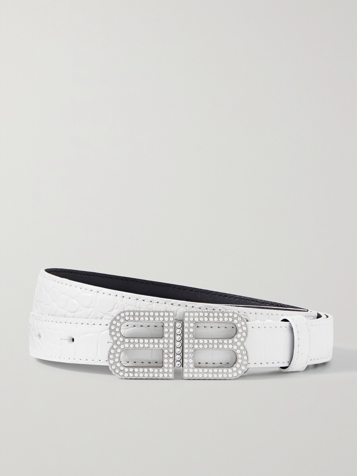 Shop Balenciaga Bb Hourglass Crystal-embellished Croc-effect Leather Belt In White