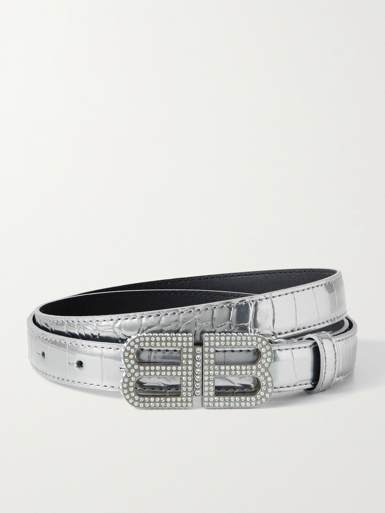 Balenciaga - Bb Hourglass Crystal-embellished Croc-effect Metallic Leather Belt - Silver