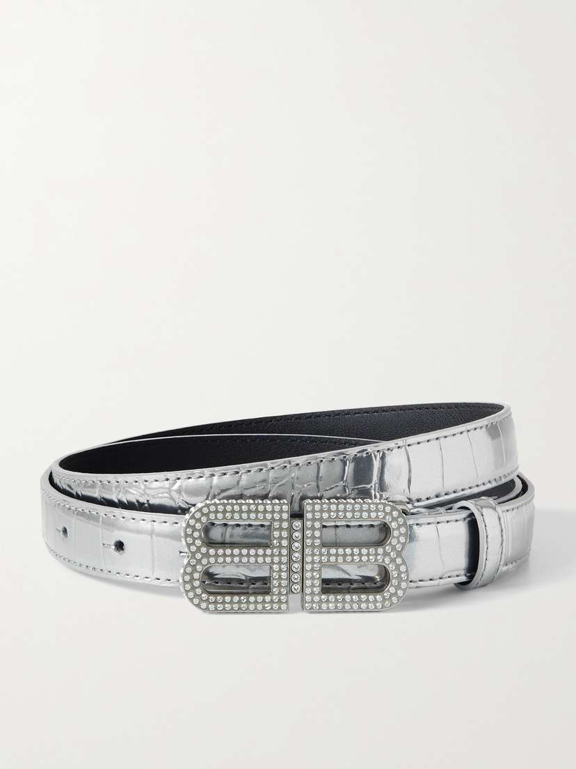 Balenciaga Bb Hourglass Crystal-embellished Croc-effect Metallic Leather Belt