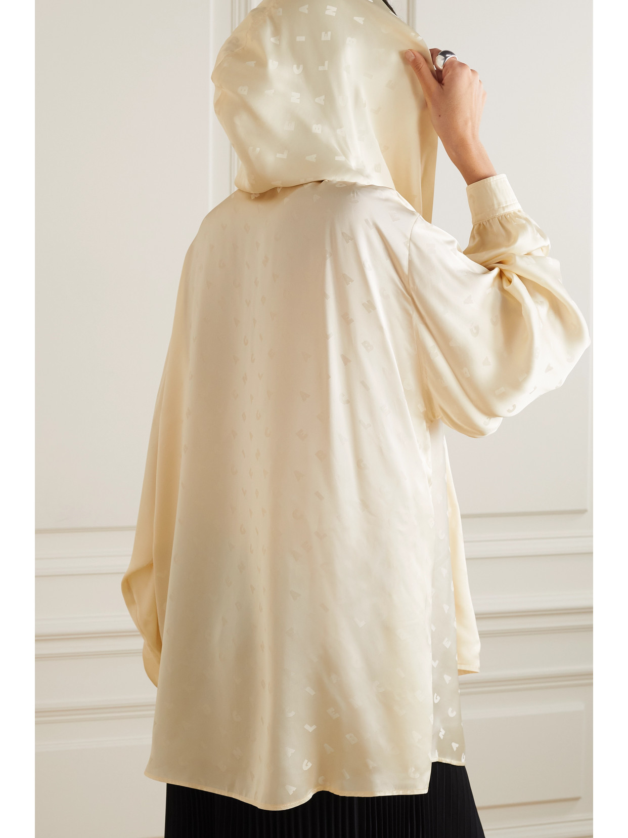 Oversized Hooded Pussy-Bow Satin-Jacquard Blouse