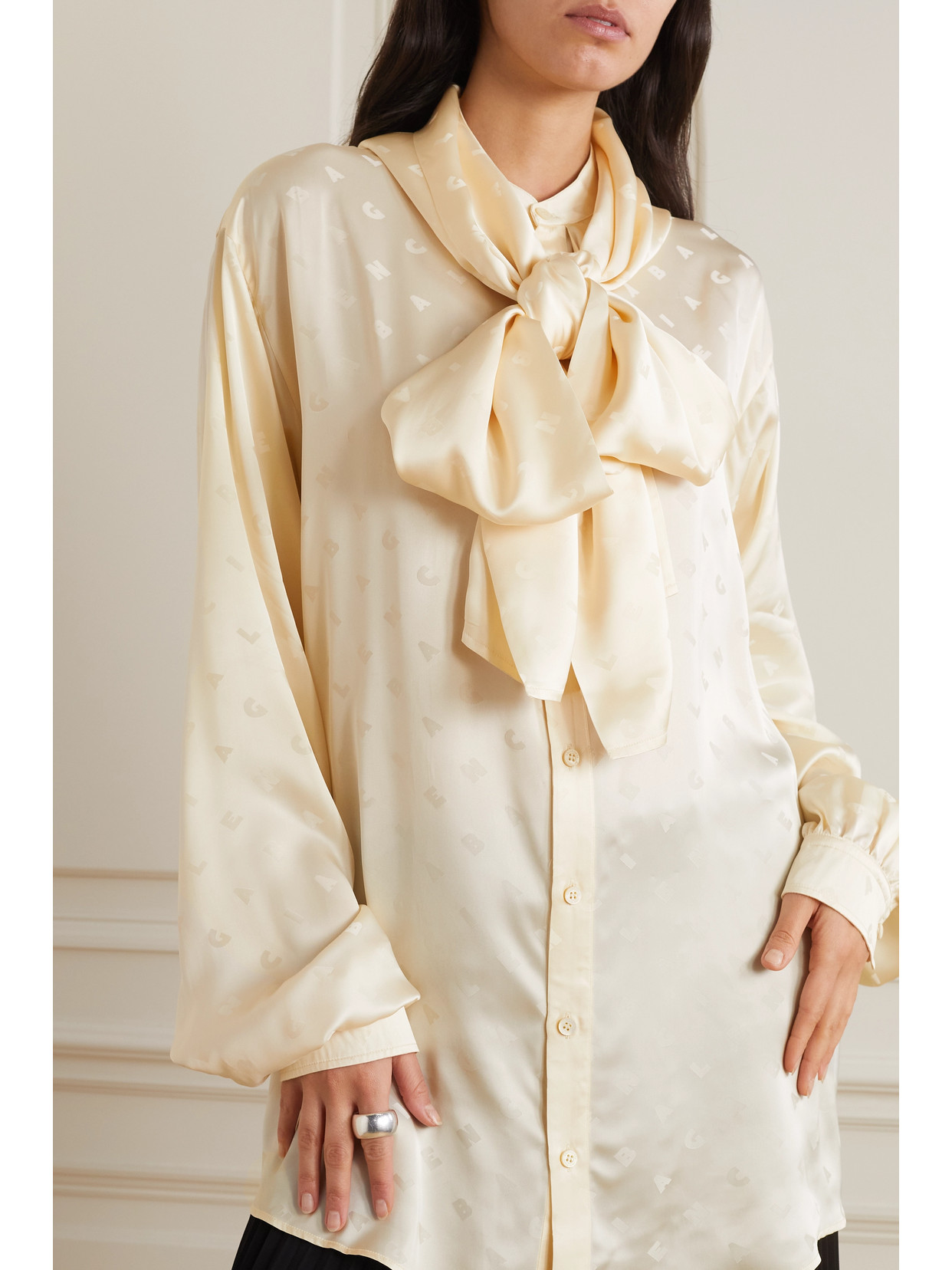 Oversized Hooded Pussy-Bow Satin-Jacquard Blouse