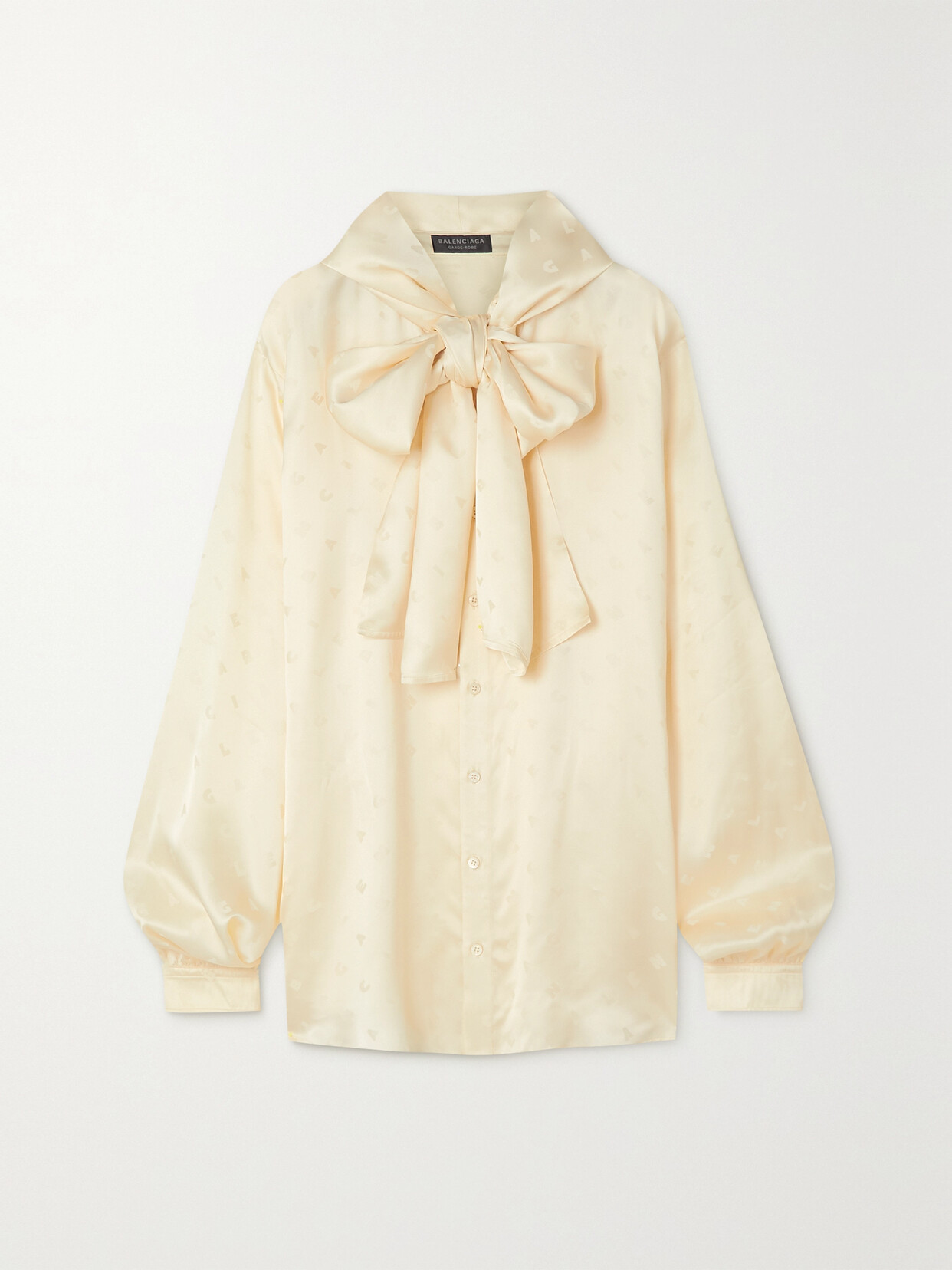 Shop Balenciaga Oversized Hooded Pussy-bow Satin-jacquard Blouse In White