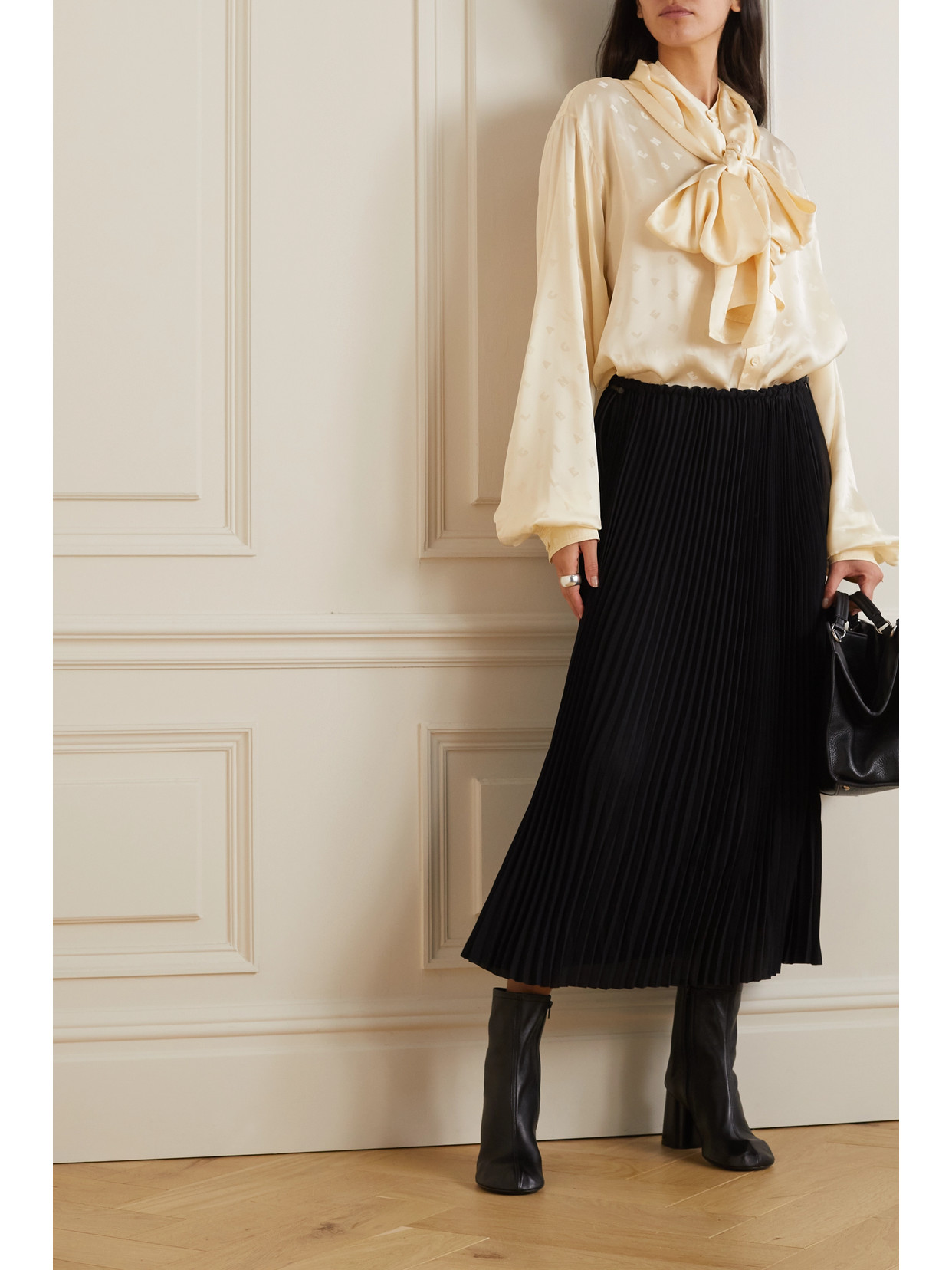 Oversized Hooded Pussy-Bow Satin-Jacquard Blouse