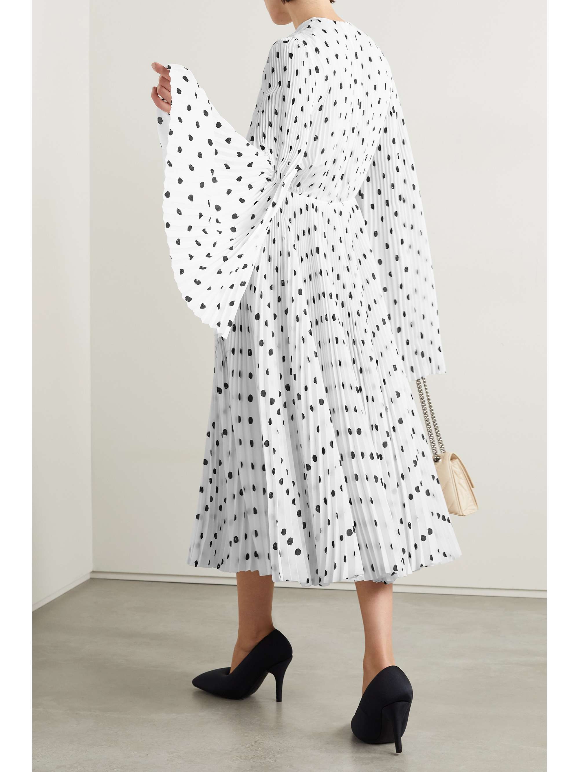 BALENCIAGA Pleated polka-dot crepe midi dress