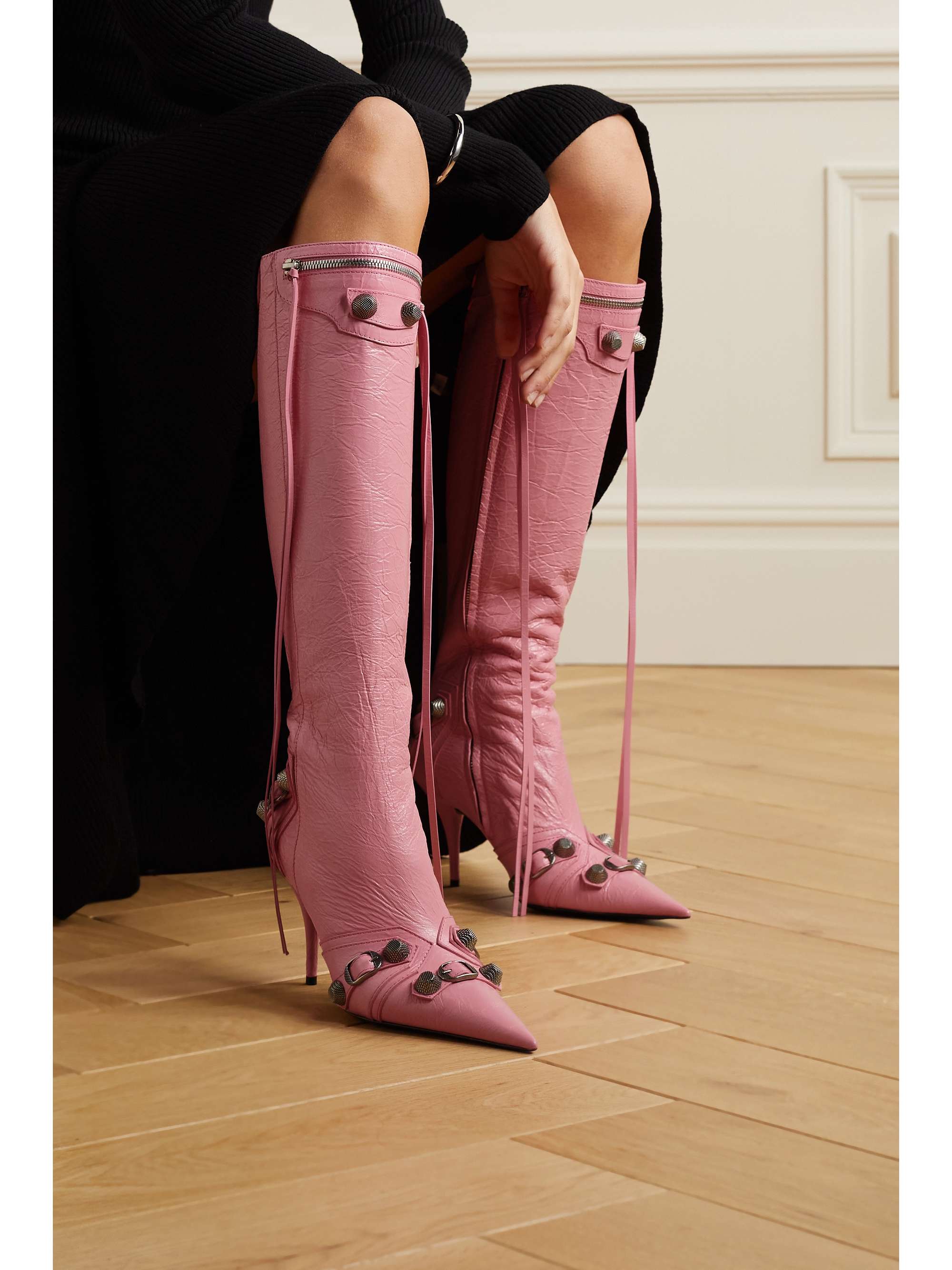 BALENCIAGA Cagole embellished textured-leather knee boots | NET-A