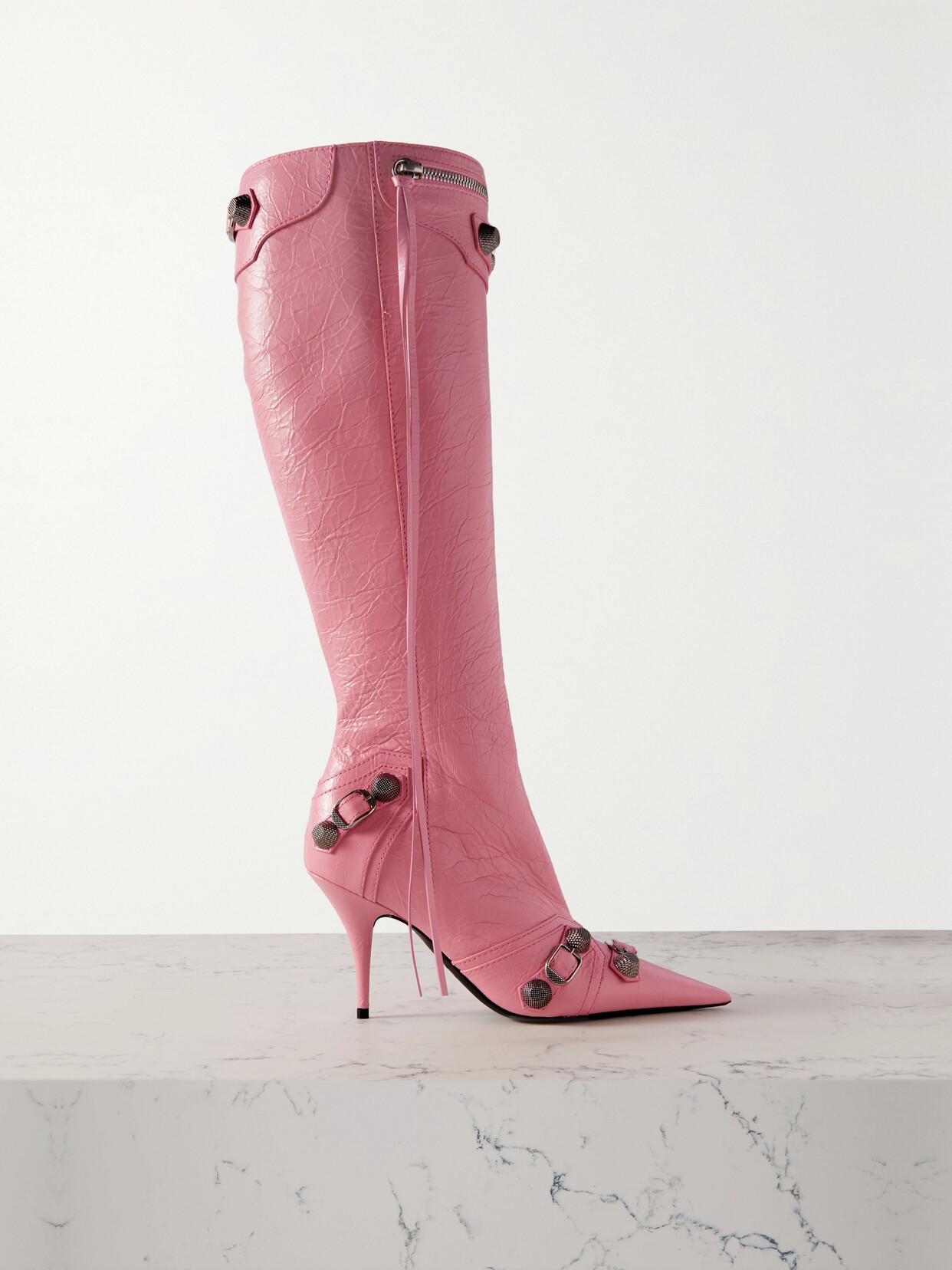 Balenciaga - Cagole Embellished Textured-leather Knee Boots - Pink