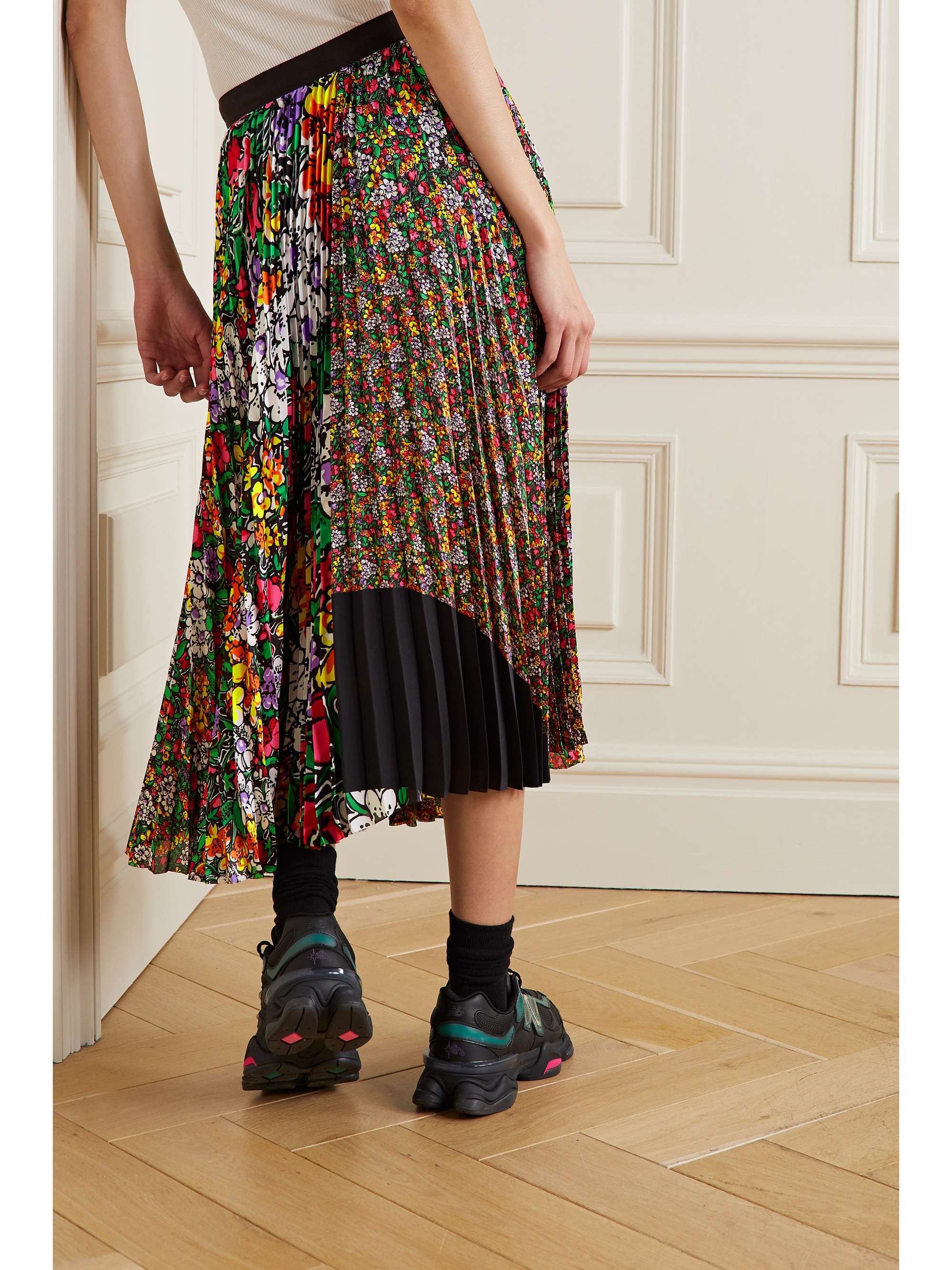 Belted floral-print plissé-satin midi wrap skirt