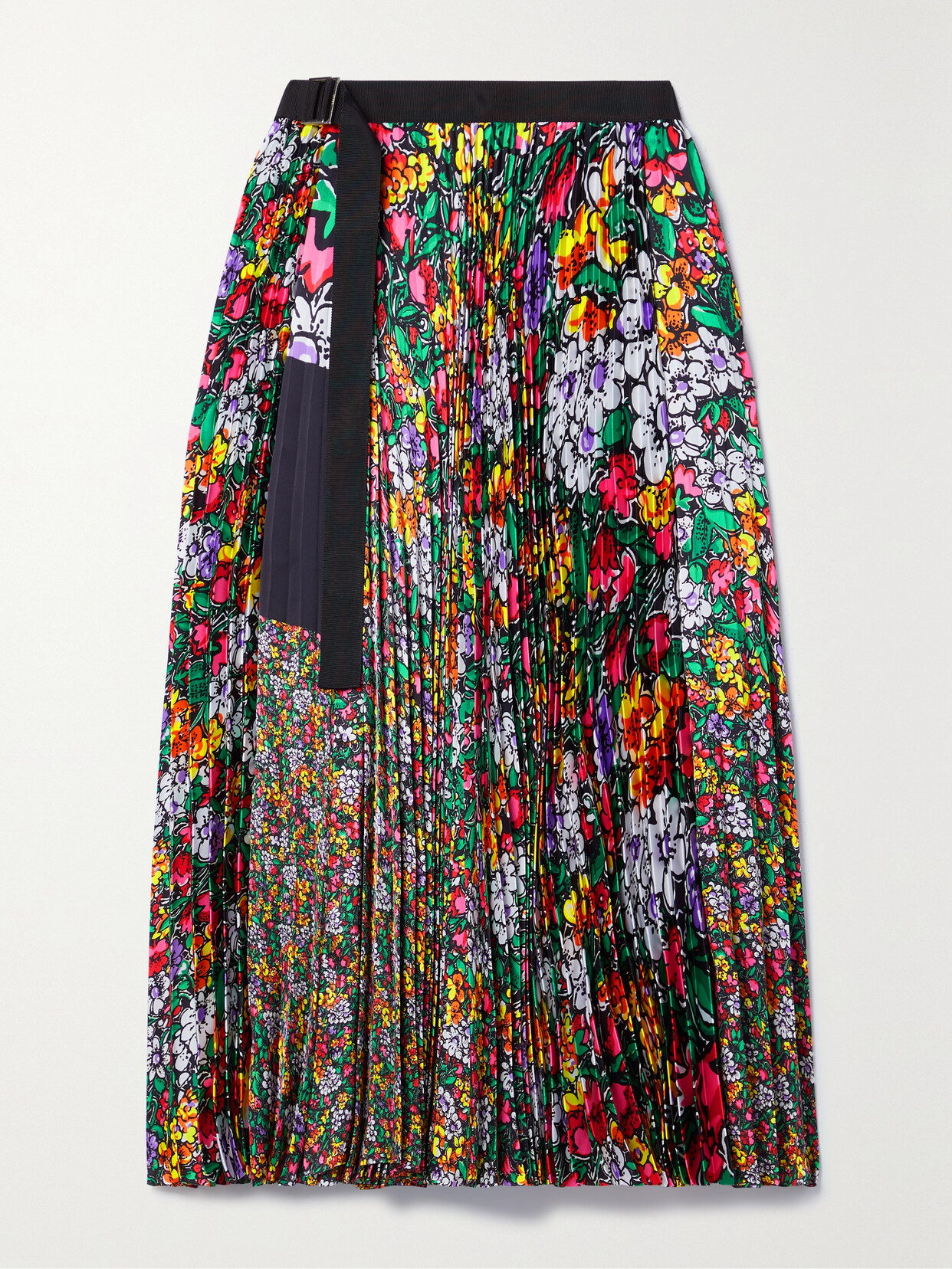 Shop Sacai Belted Floral-print Plissé-satin Midi Wrap Skirt In Multi