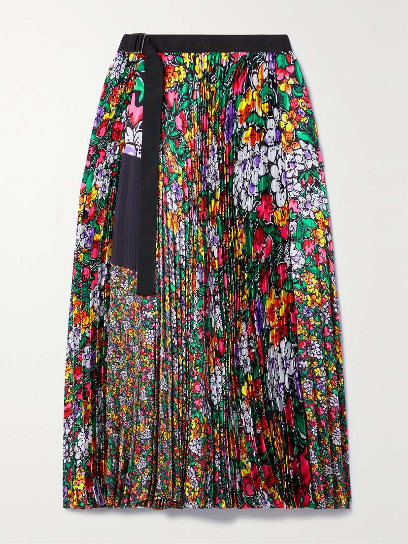Sacai Belted Floral-print Plissé-satin Midi Wrap Skirt