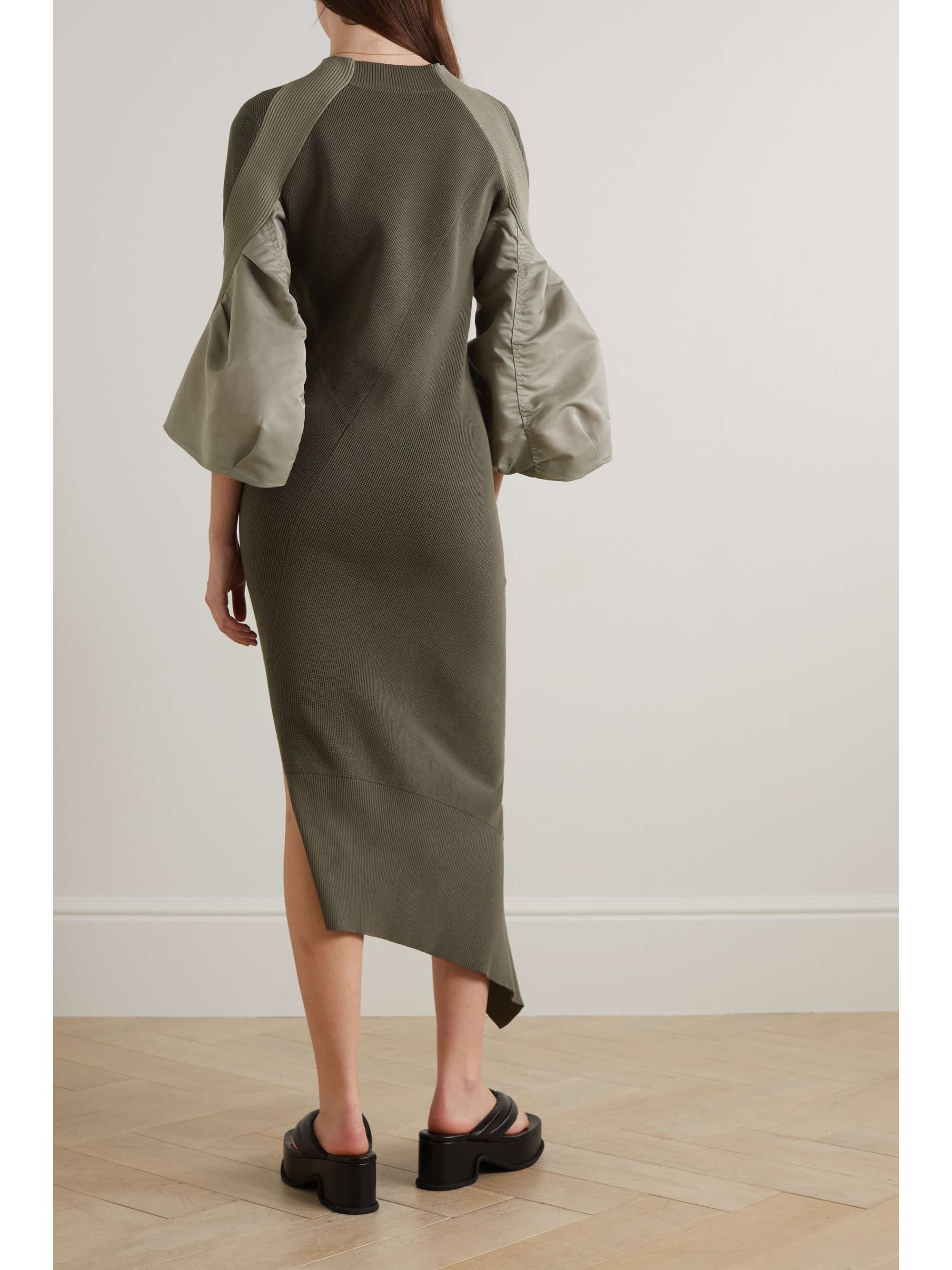 SACAI Asymmetric shell-trimmed ribbed cotton-blend maxi dress