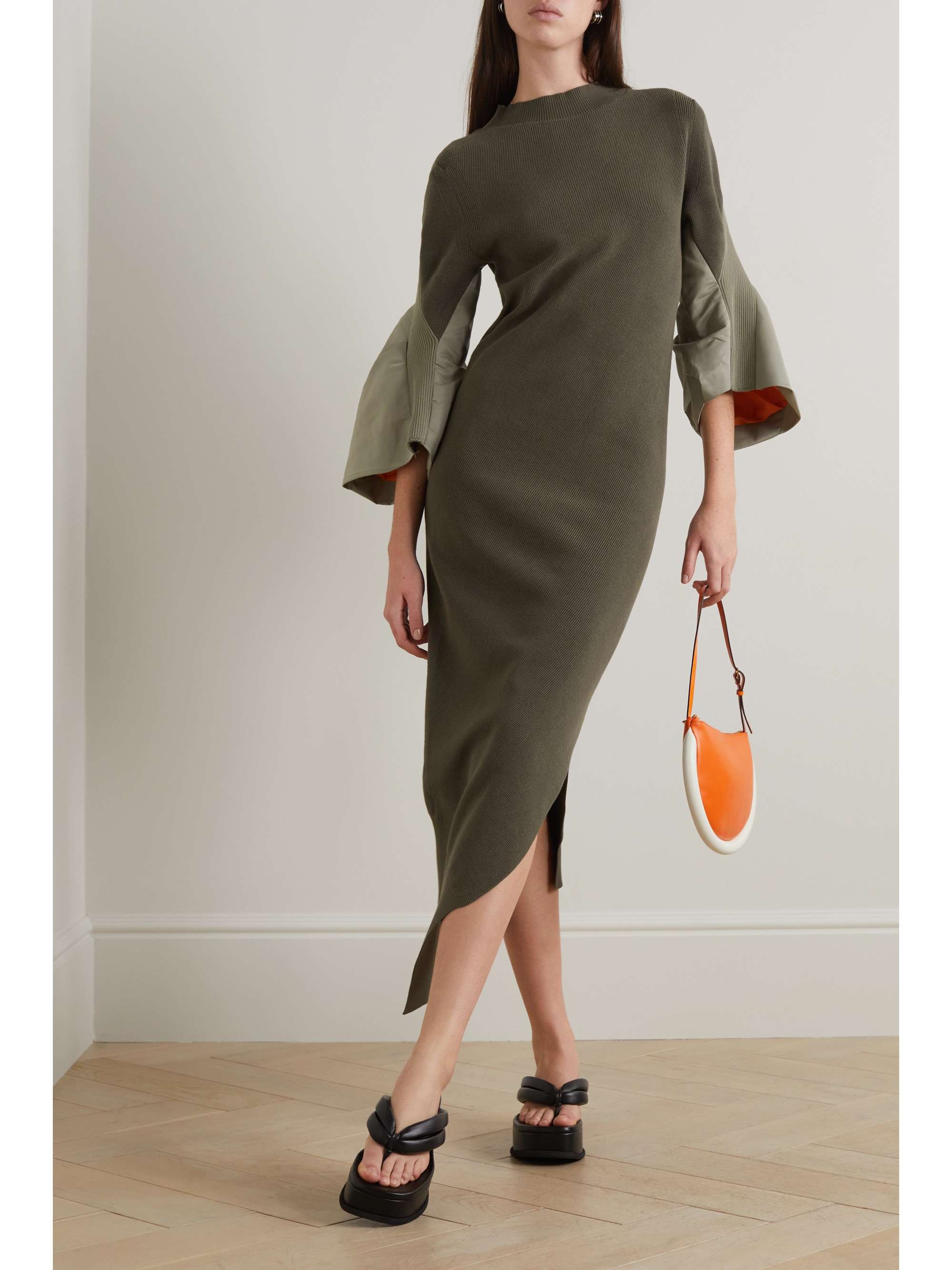 SACAI Asymmetric shell-trimmed ribbed cotton-blend maxi dress