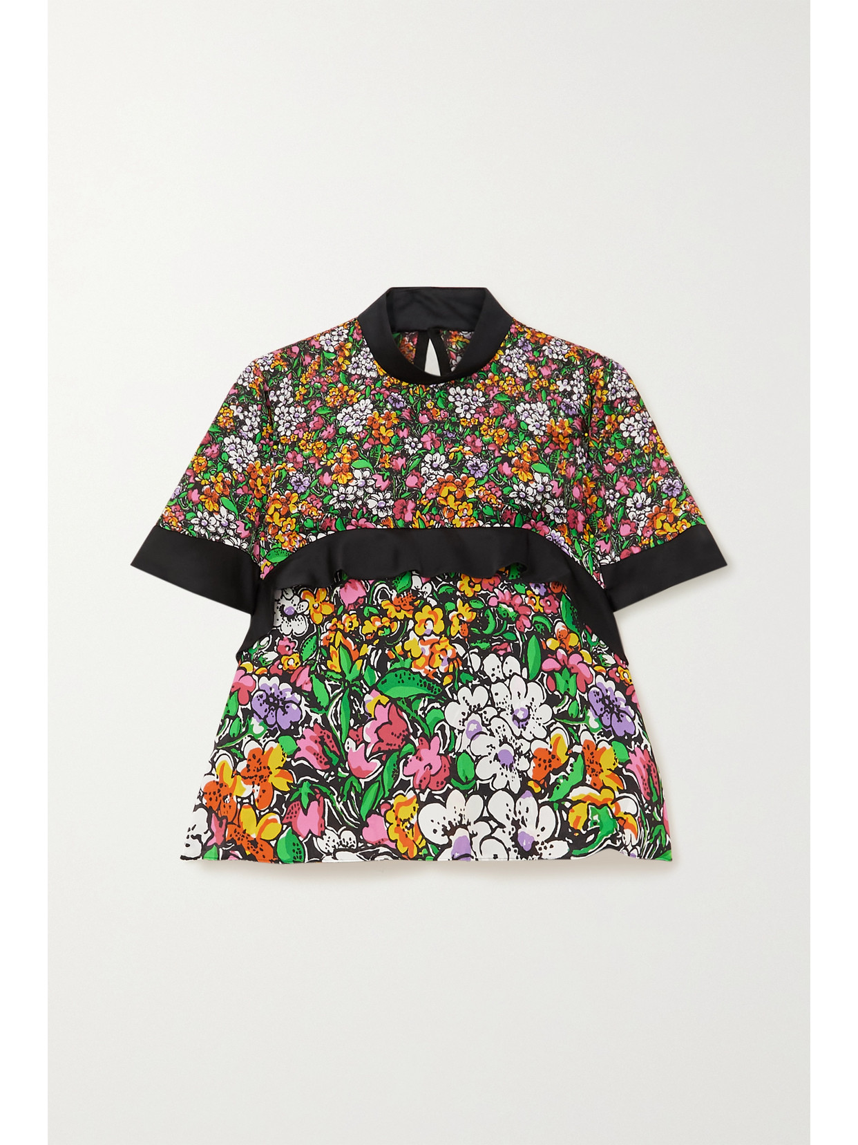 Sacai - Floral-print Ruffled Crepe De Chine Blouse - Black