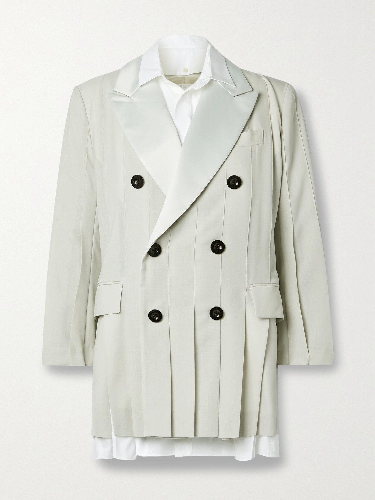 Sacai Poplin And Satin-trimmed Pleated Woven Blazer In Gray