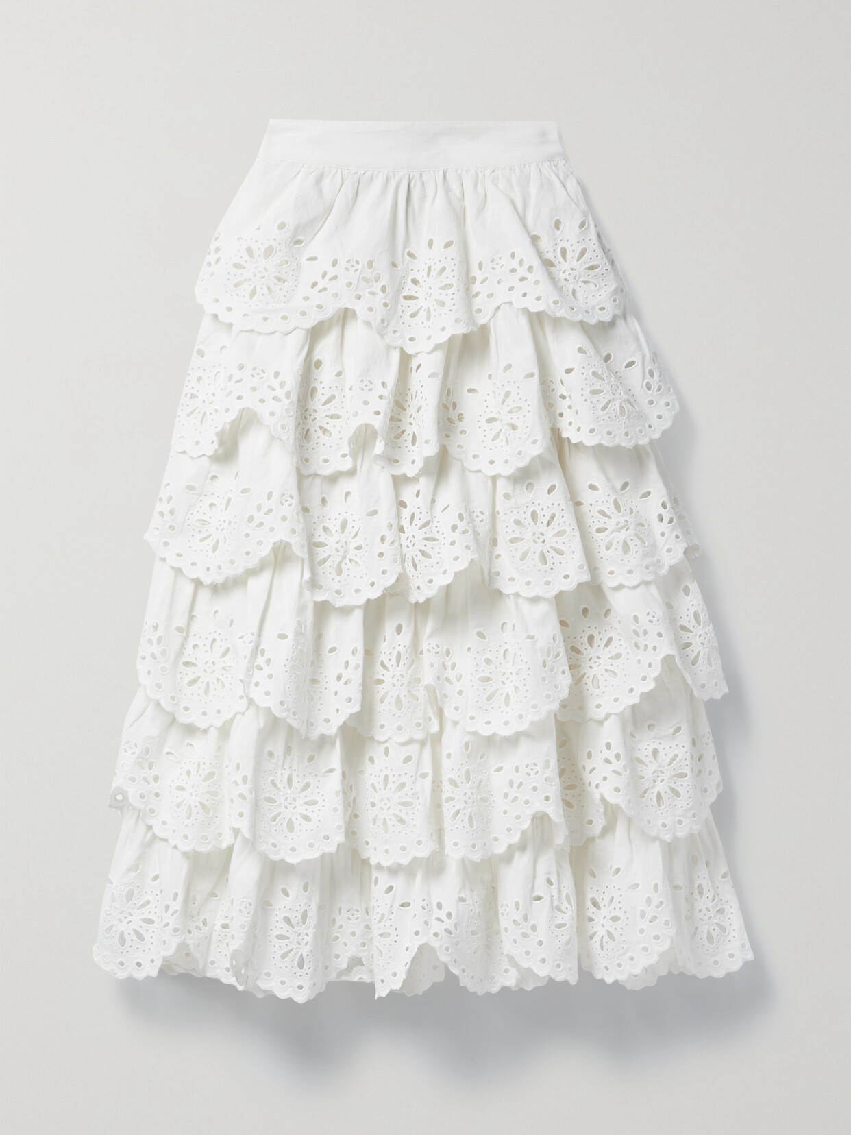 Sea - Tali Tiered Broderie Anglaise Cotton And Linen-blend Midi Skirt - White