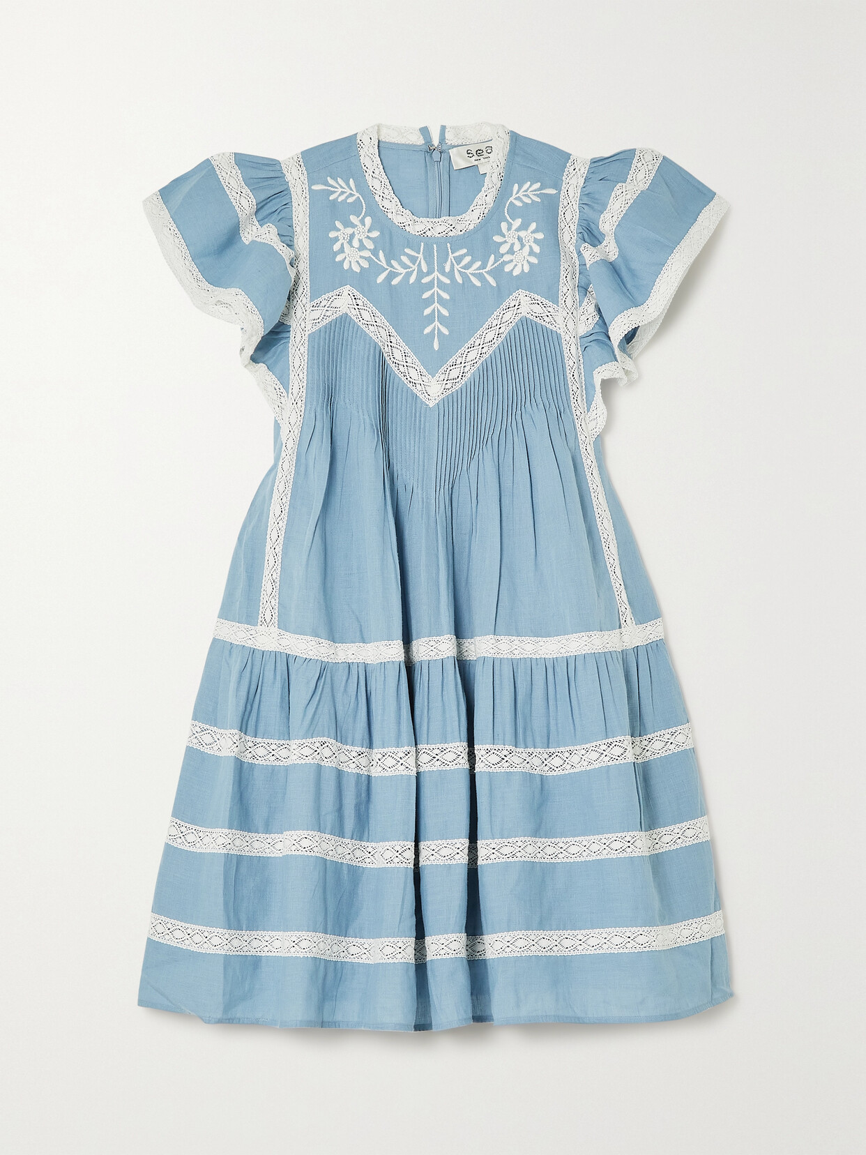 Sea - Kyla Lace-trimmed Embroidered Cotton-chambray Mini Dress - Blue