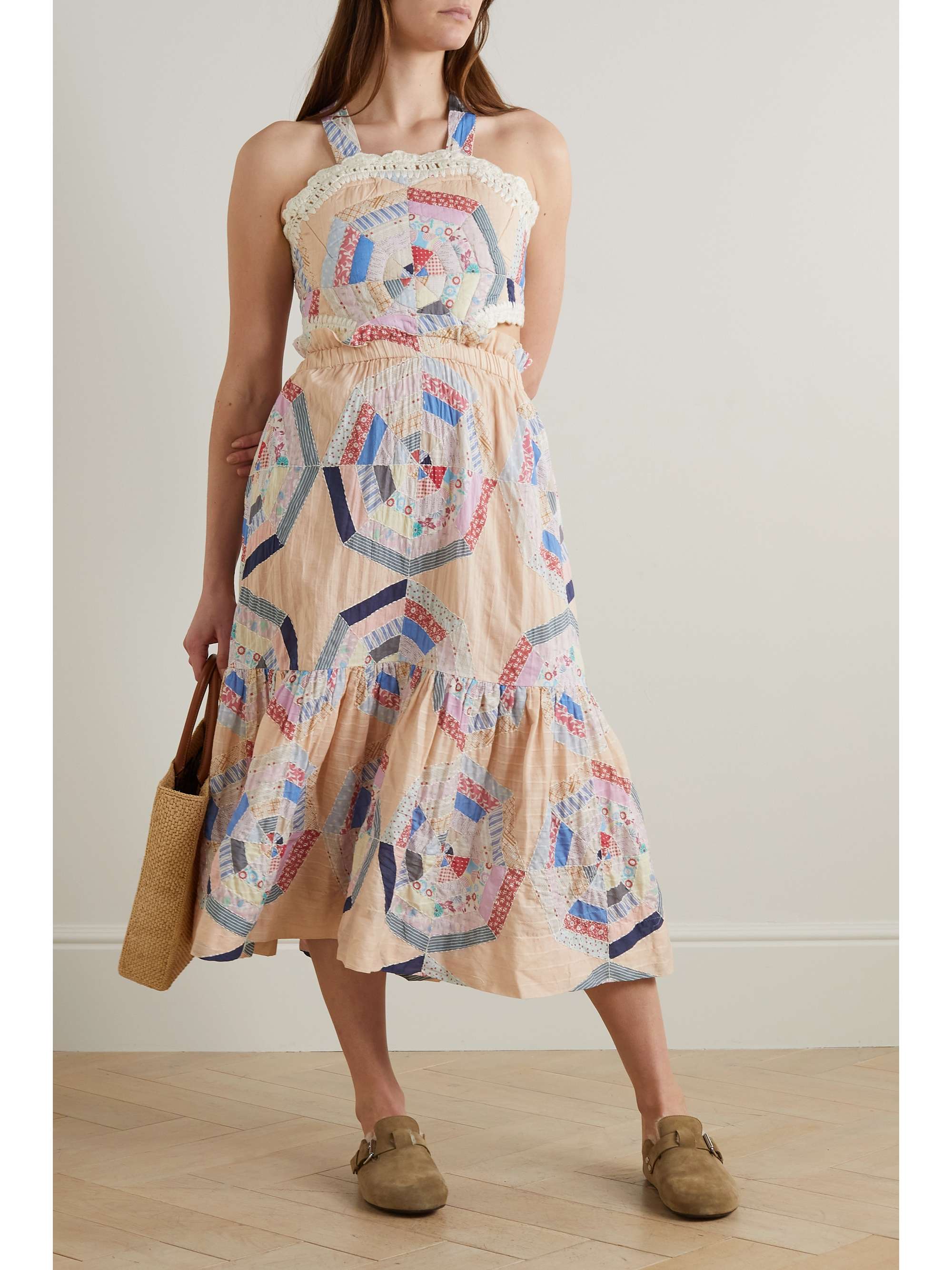 SEA Quin cutout crochet-trimmed patchwork printed cotton maxi dress