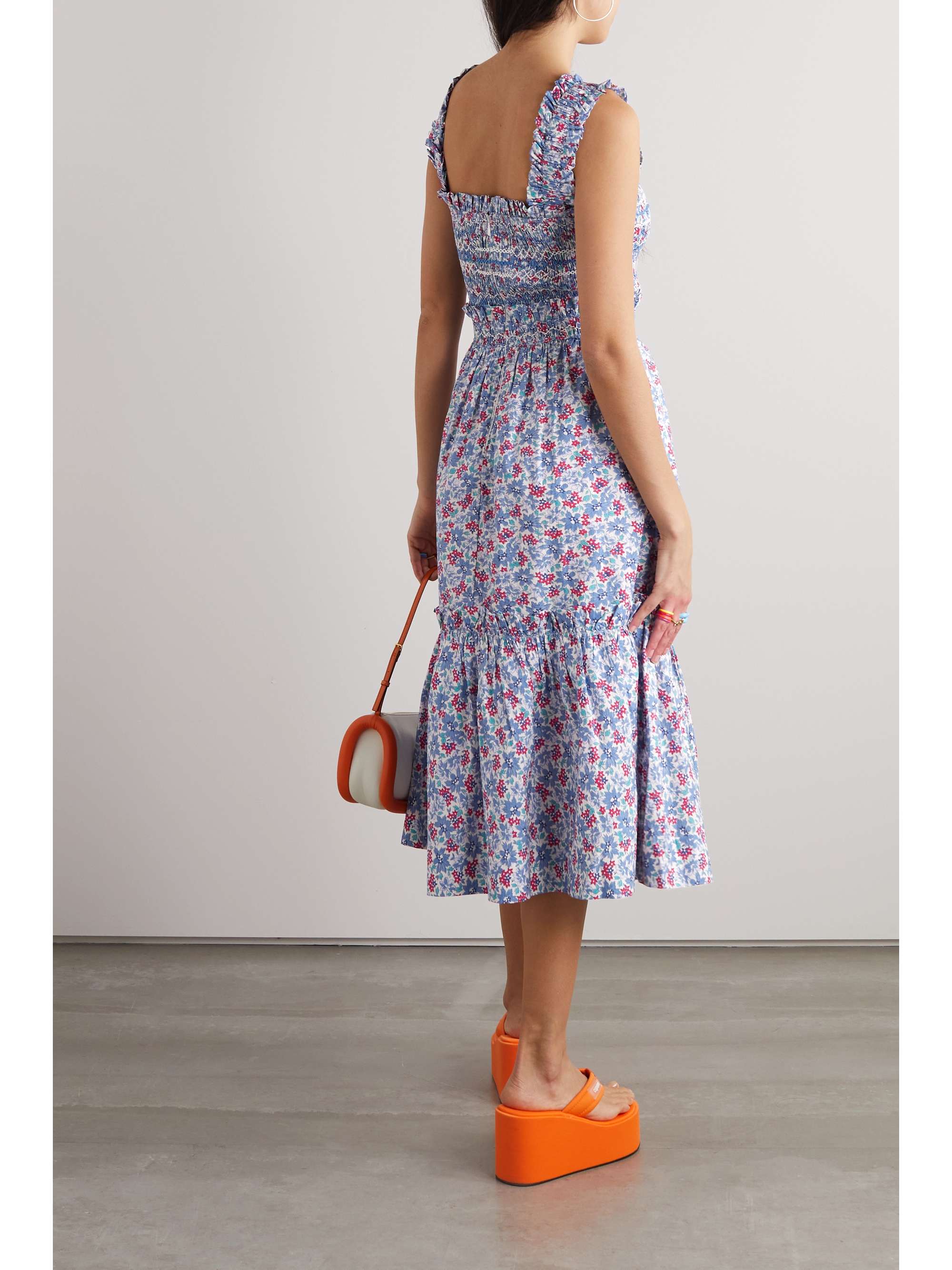 SEA Peggy smocked floral-print cotton-poplin midi dress