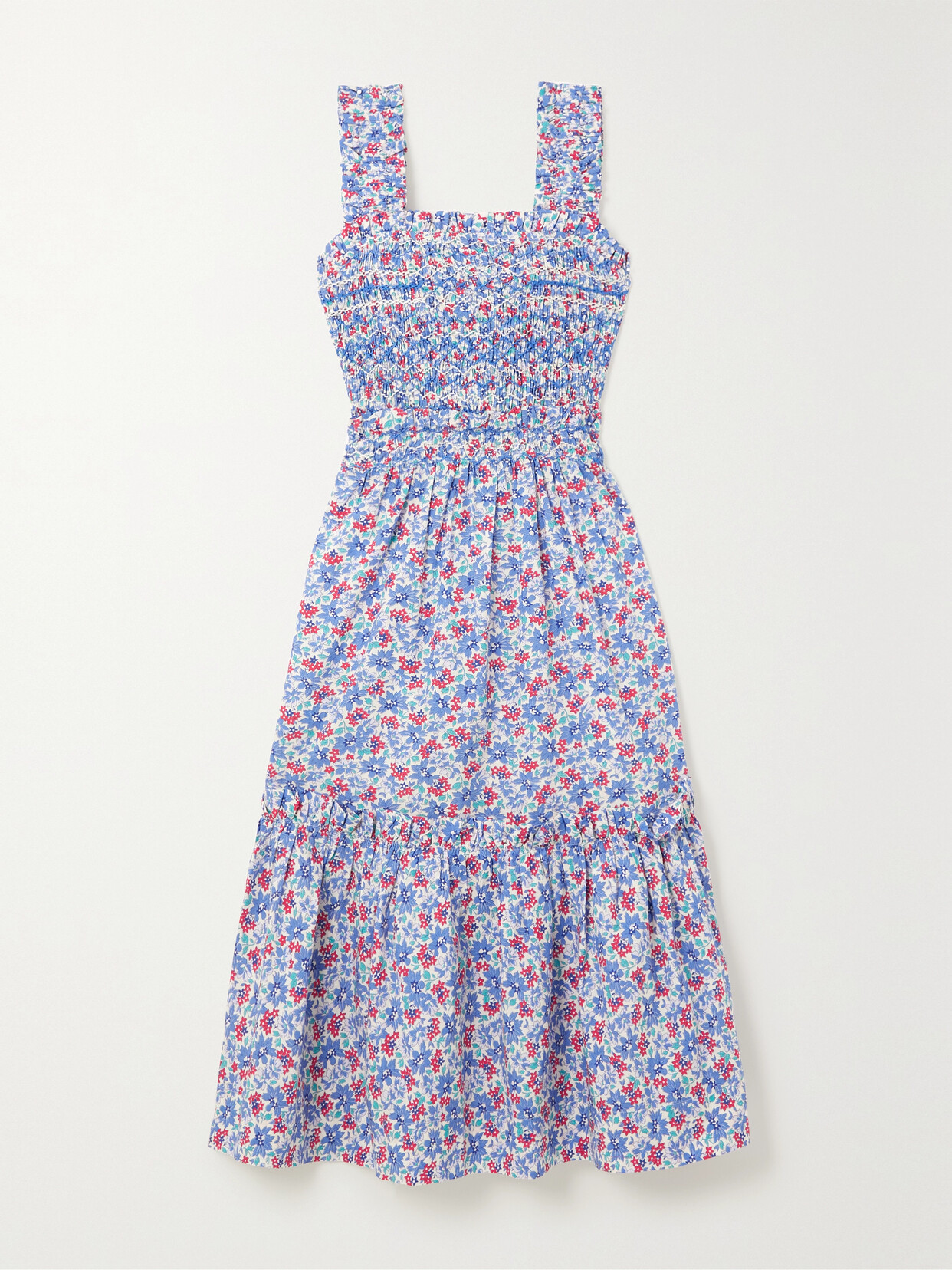 Sea - Peggy Smocked Floral-print Cotton-poplin Midi Dress - Blue