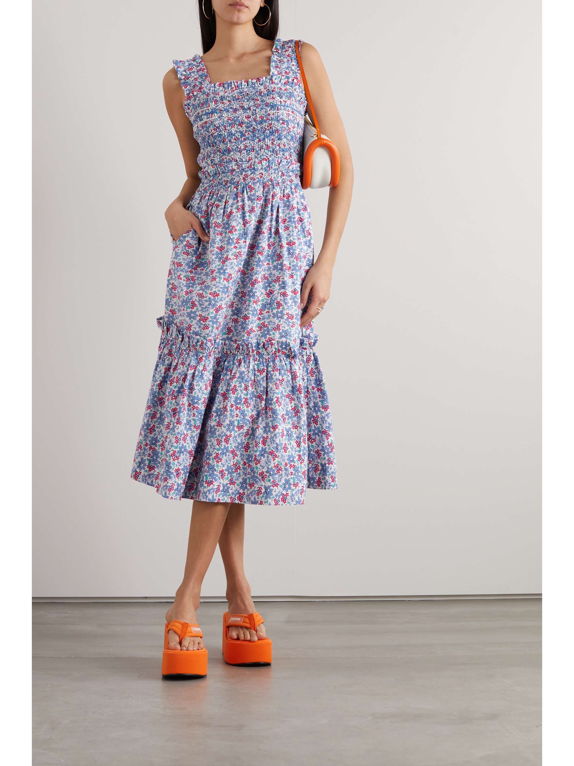 SEA Peggy smocked floral-print cotton-poplin midi dress