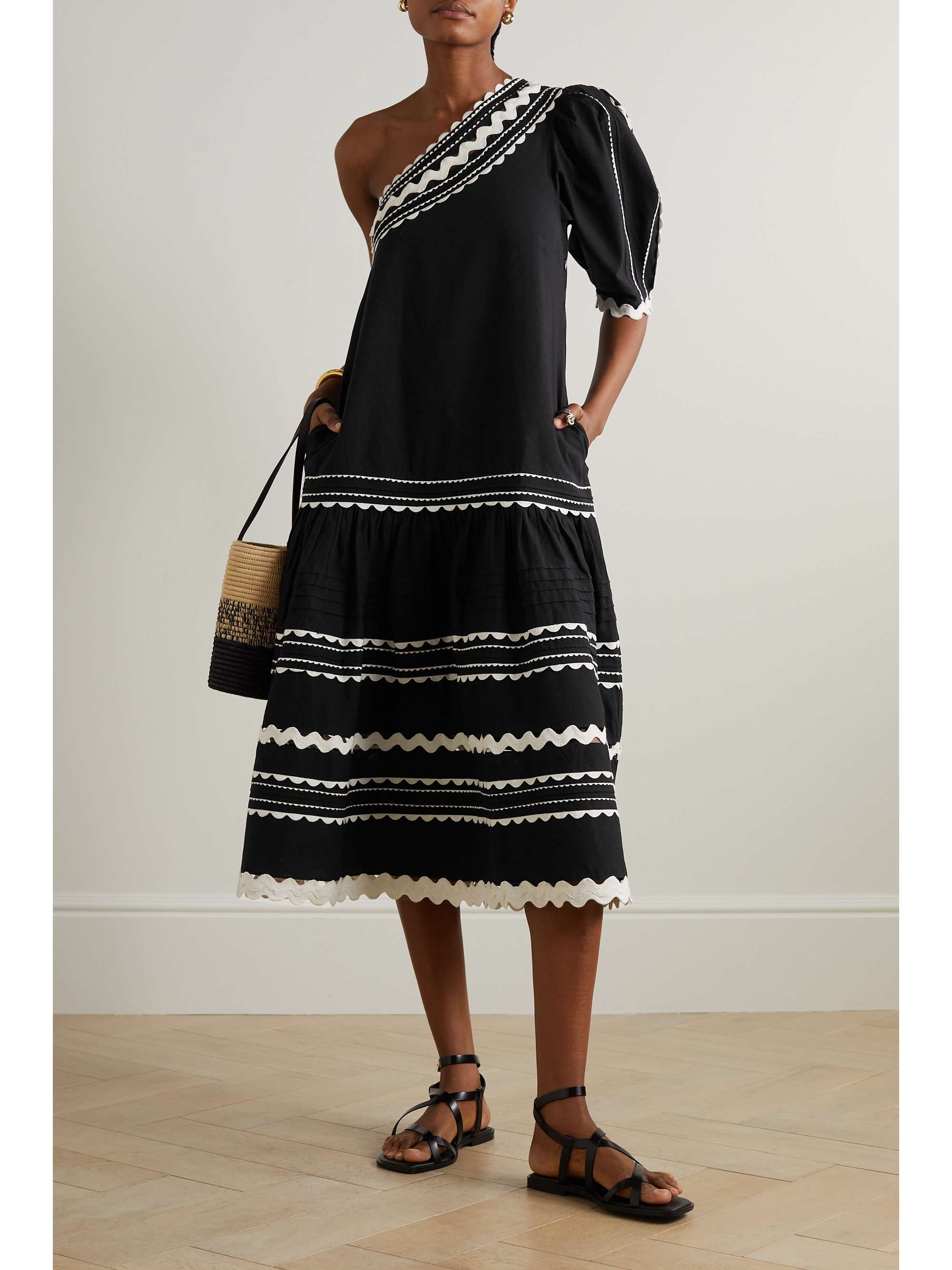 SEA Ryleigh oneshoulder ric ractrimmed cotton midi dress NETAPORTER
