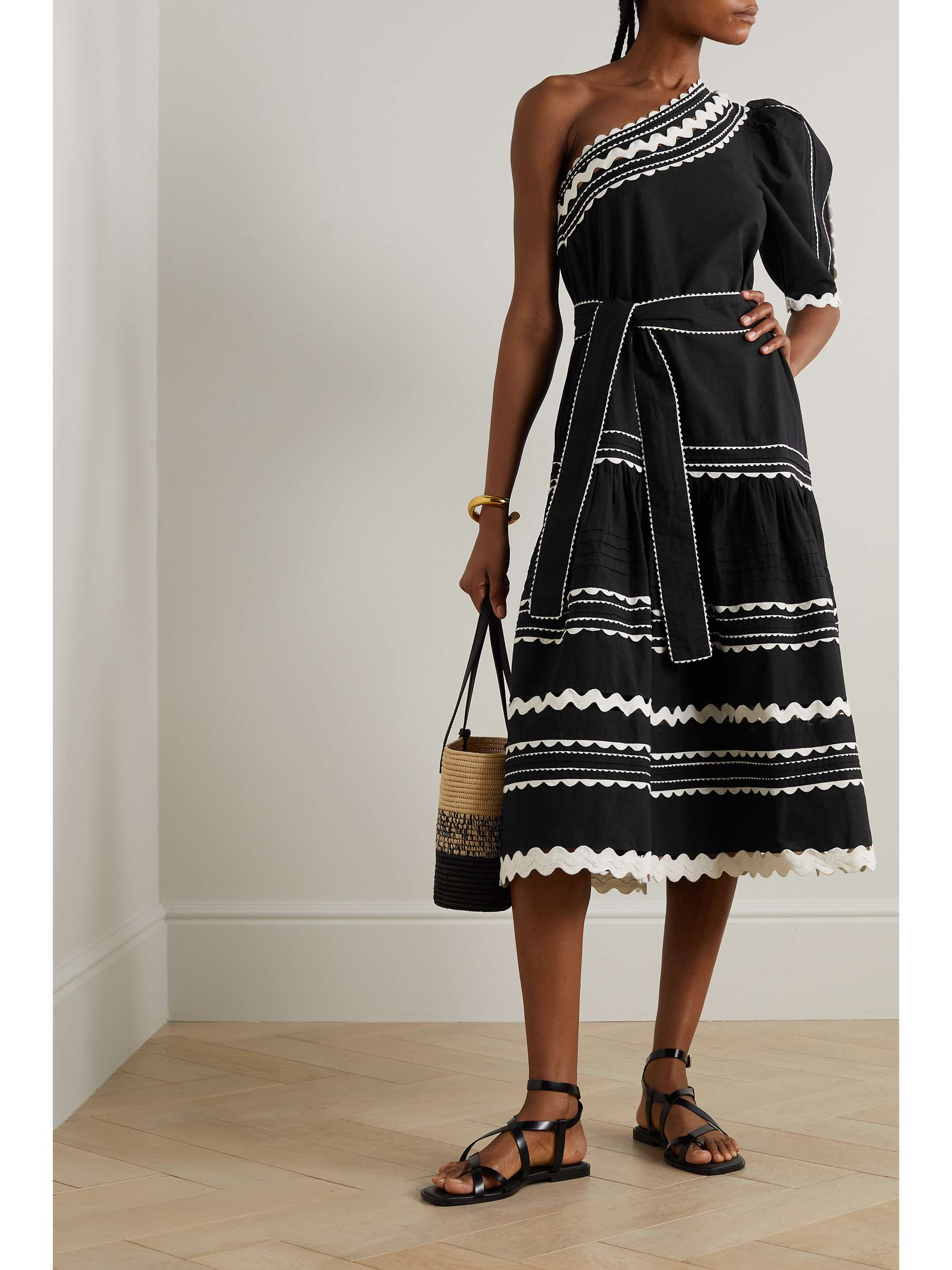 SEA Ryleigh oneshoulder ric ractrimmed cotton midi dress NETAPORTER