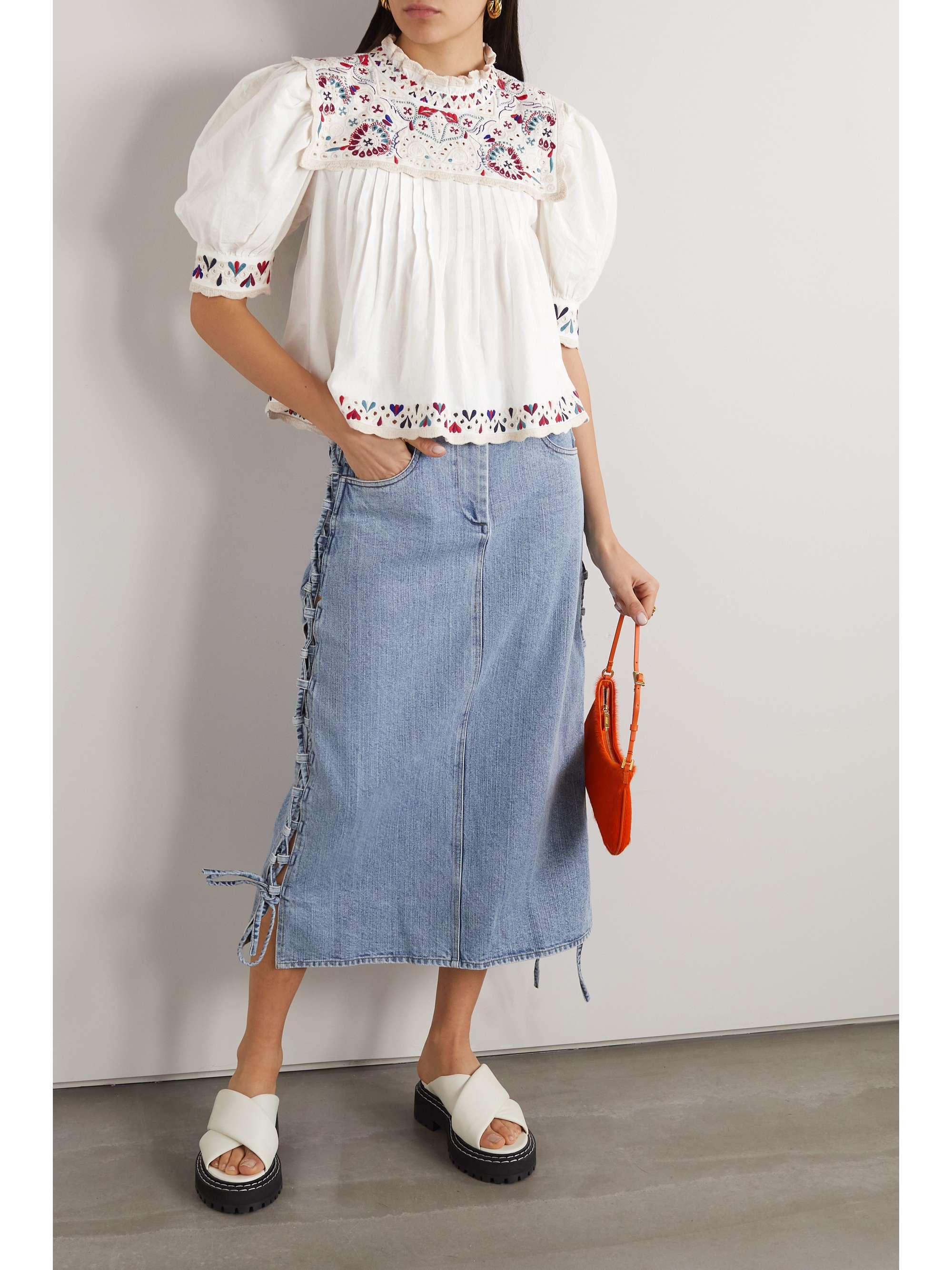 SEA Alicia embroidered broderie anglaise cotton and linenblend top