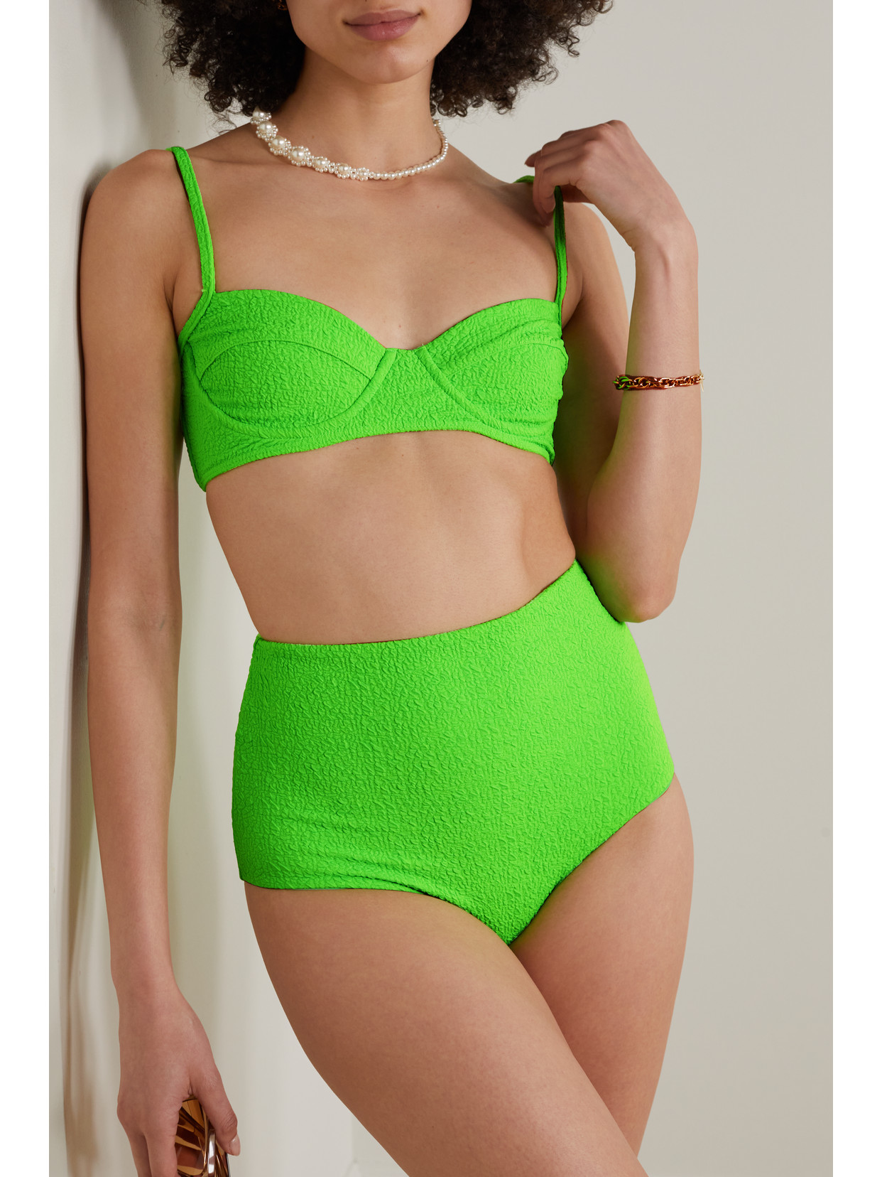 Mara Hoffman Lydia Textured High-waist Bikini Bottoms In Green