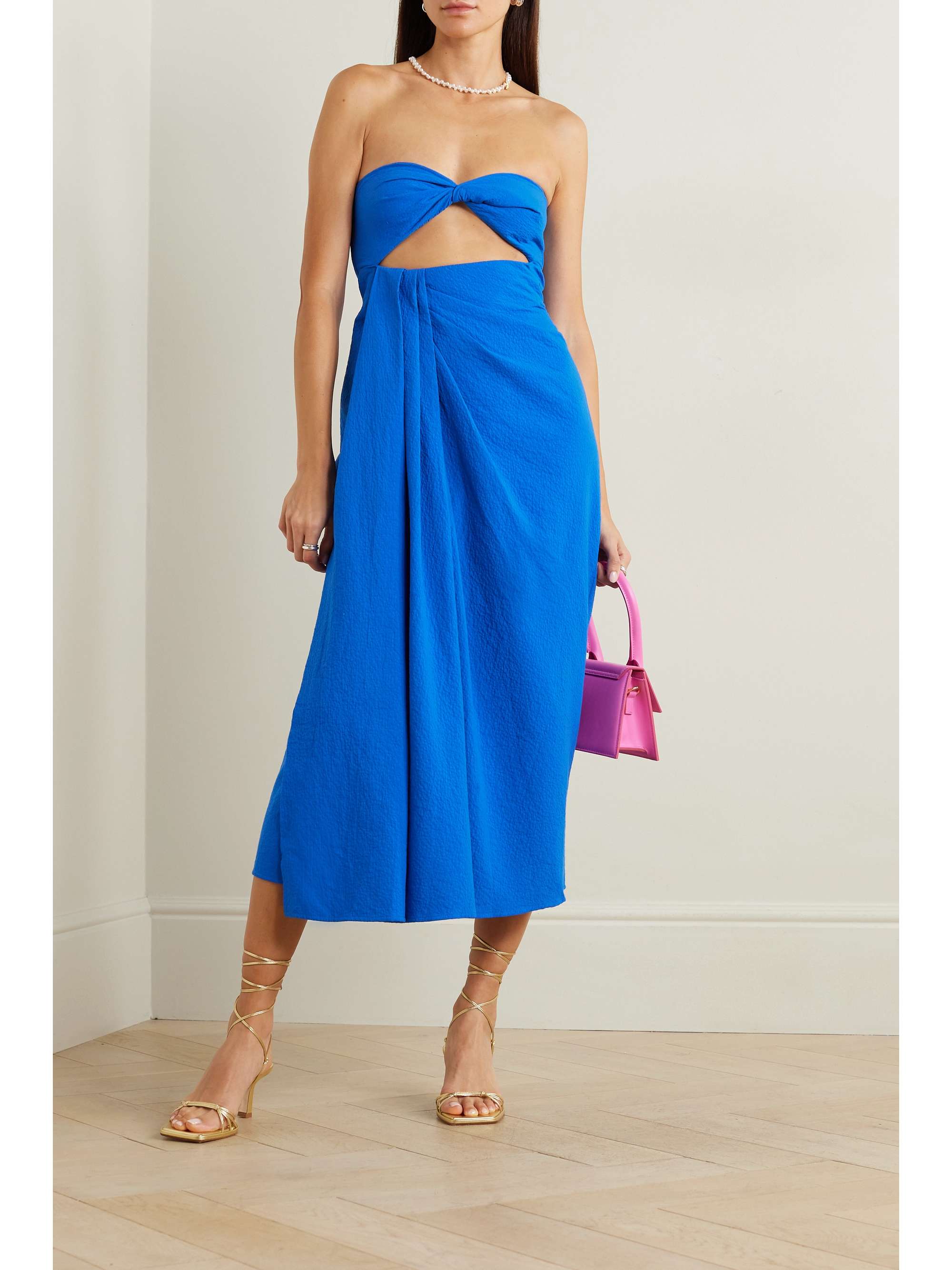 MARA HOFFMAN Samara strapless cutout organic cotton-seersucker midi dress