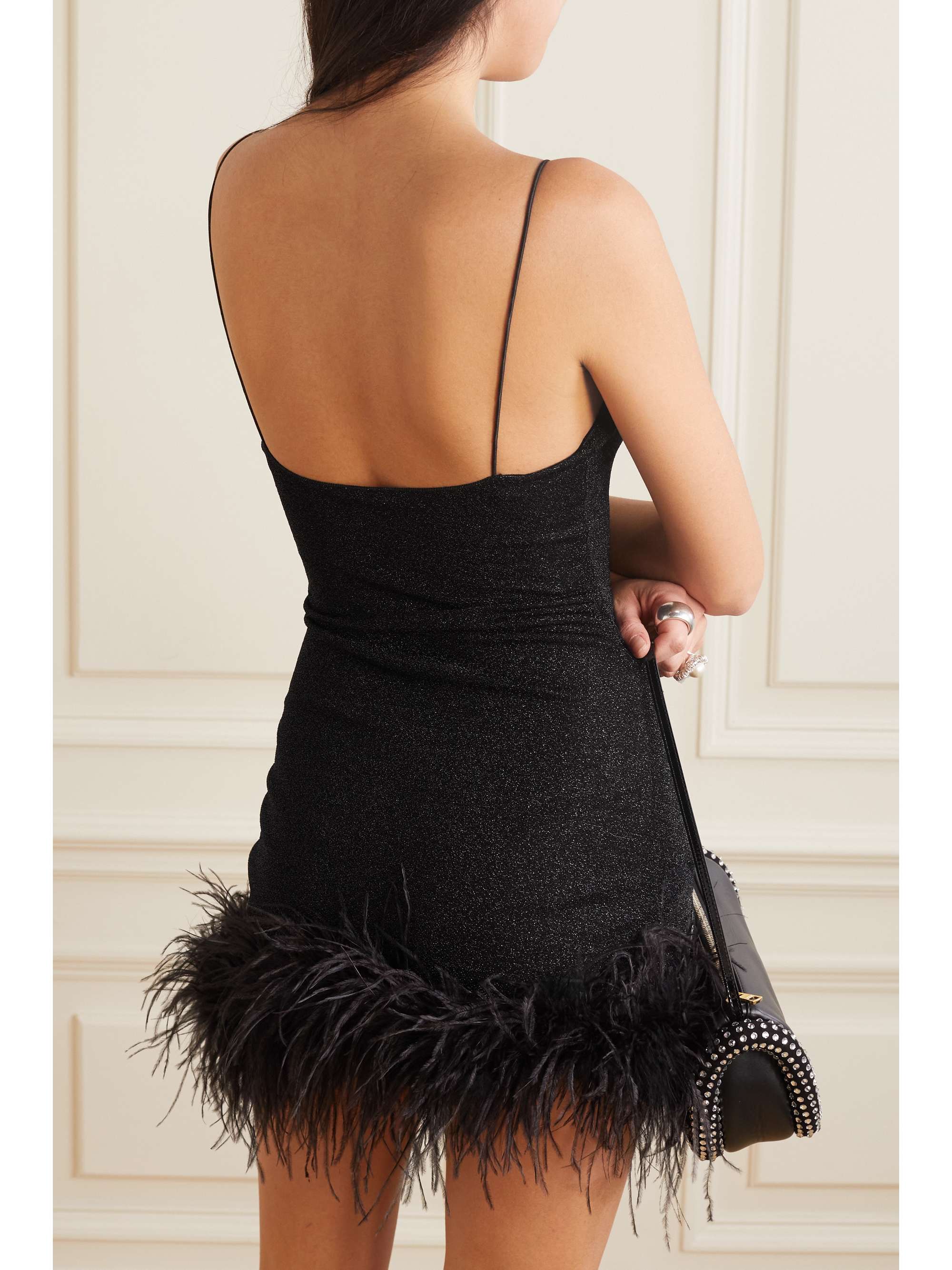 OSÉREE Lumière feather-trimmed metallic stretch-knit mini dress