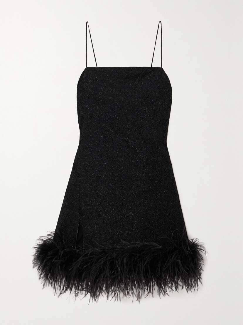 Oséree Lumière Feather-trimmed Metallic Stretch-knit Mini Dress