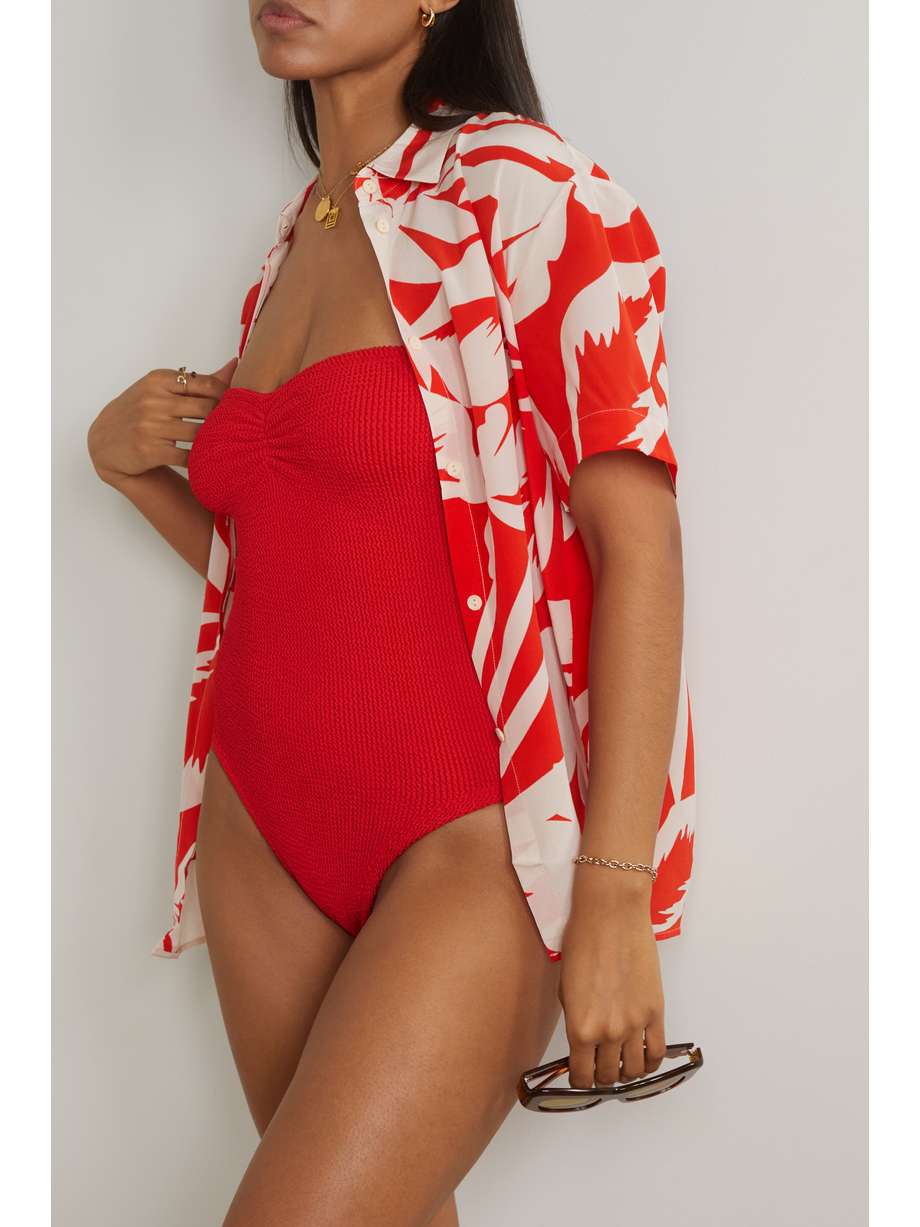 EXCLUSIVE AT NET-A-PORTER. You can turn to Hunza G's 'Brooke' swimsuit for comfort, coverage and glamour on your next vacation. Made from breathable seersucker, it's gently gathered at the strapless sweetheart neckline and has figure-sculpting high-cut legs. The red hue is so much fun to wear.

