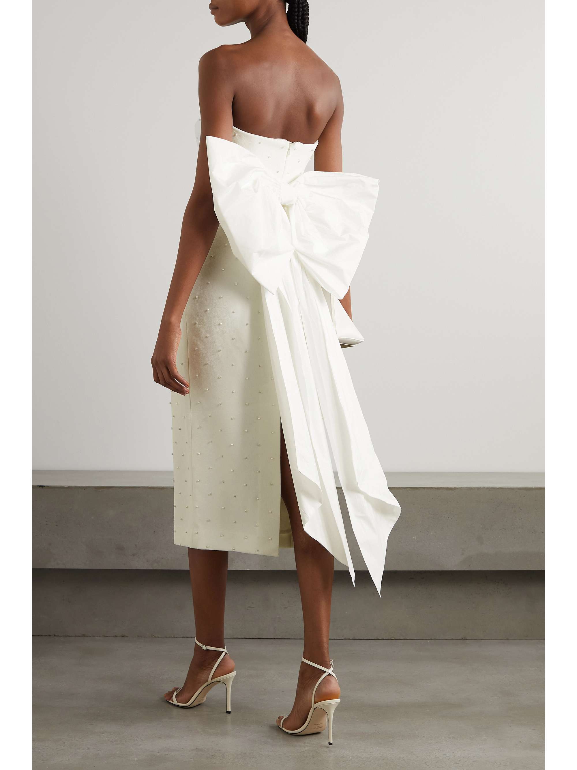 REBECCA VALLANCE Bow-detailed faux pearl-embellished cady midi dress