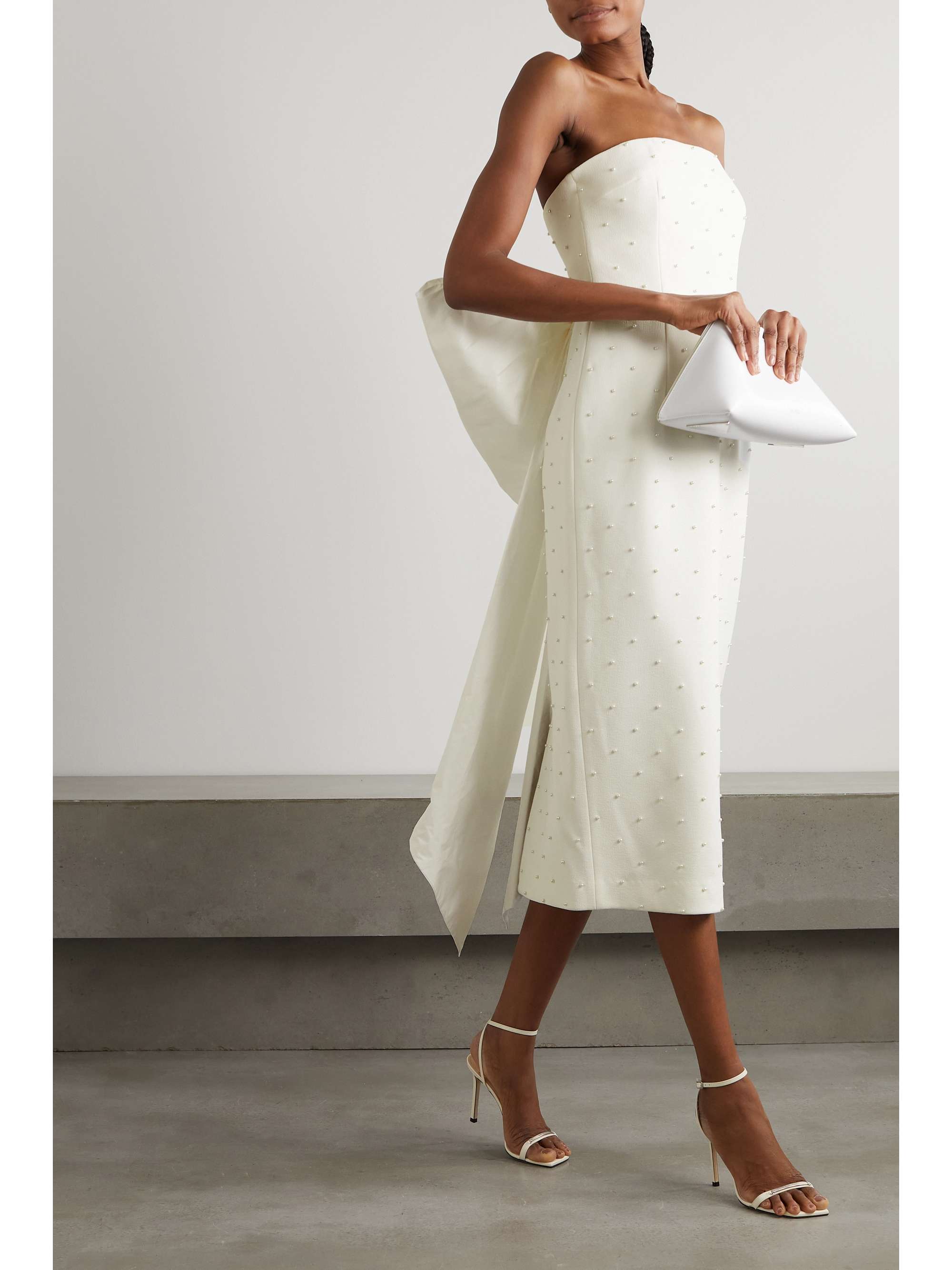 REBECCA VALLANCE Bow-detailed faux pearl-embellished cady midi dress