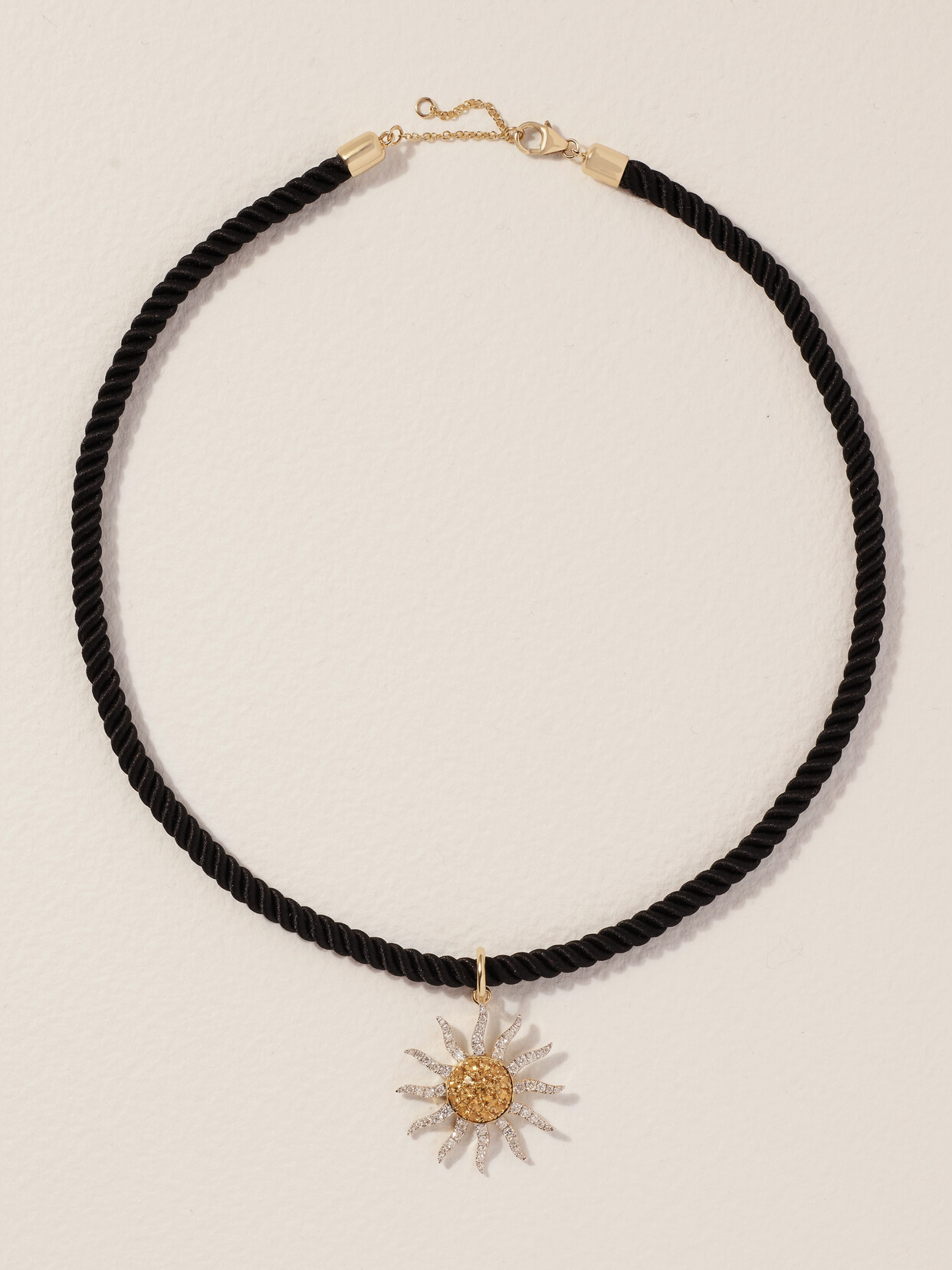 Yvonne Léon Soleil 9-karat Gold, Cord, Citrine And Diamond Necklace In Black