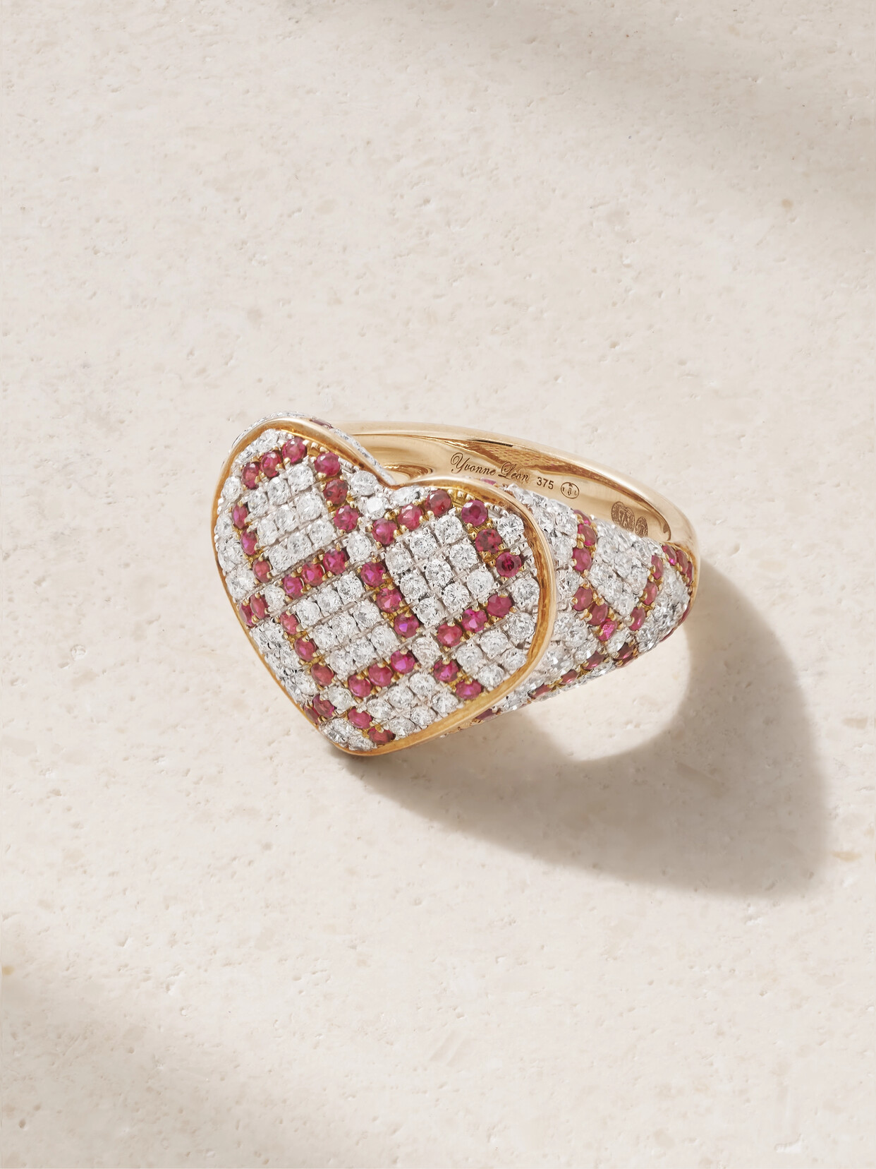 Yvonne Léon 9k Yellow Gold Coeur Diamond And Ruby Signet Ring