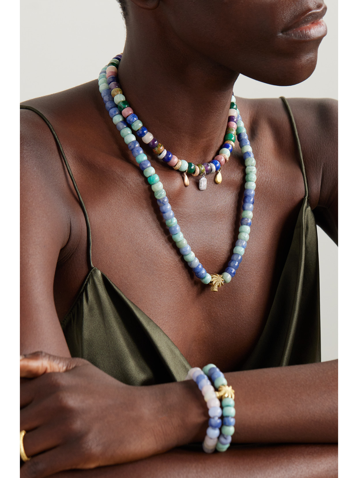 CAROLINA BUCCI LA PALMA FORTE 18-KARAT GOLD, AMAZONITE AND BLUE AGATE NECKLACE