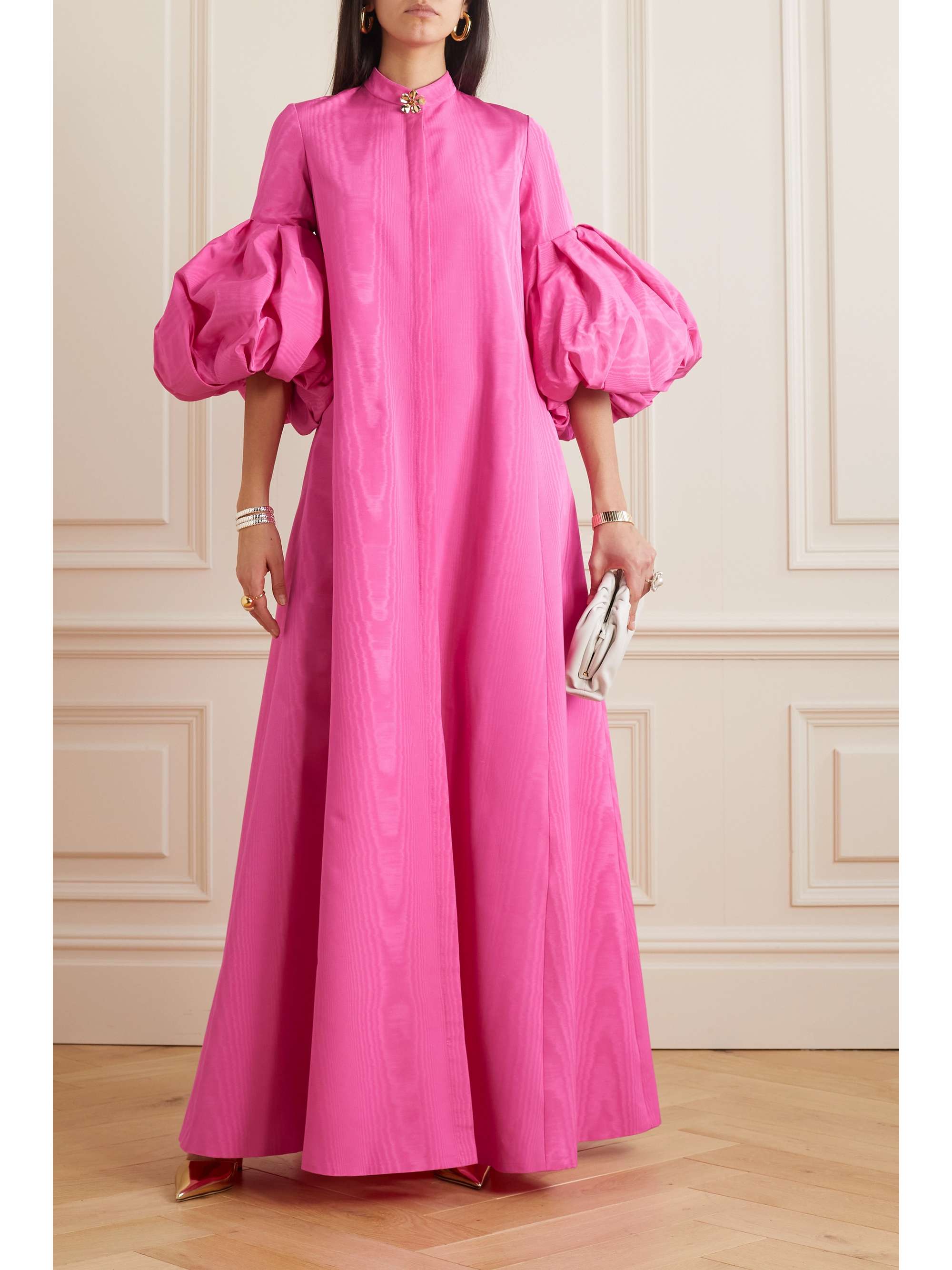OSCAR DE LA RENTA Embellished gathered moire kaftan