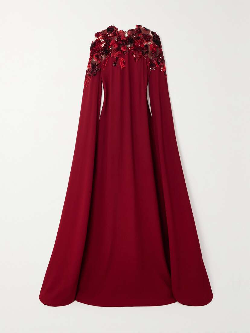 Oscar de la Renta Cape-effect Sequin-embellished Tulle-trimmed Crepe Gown - x large