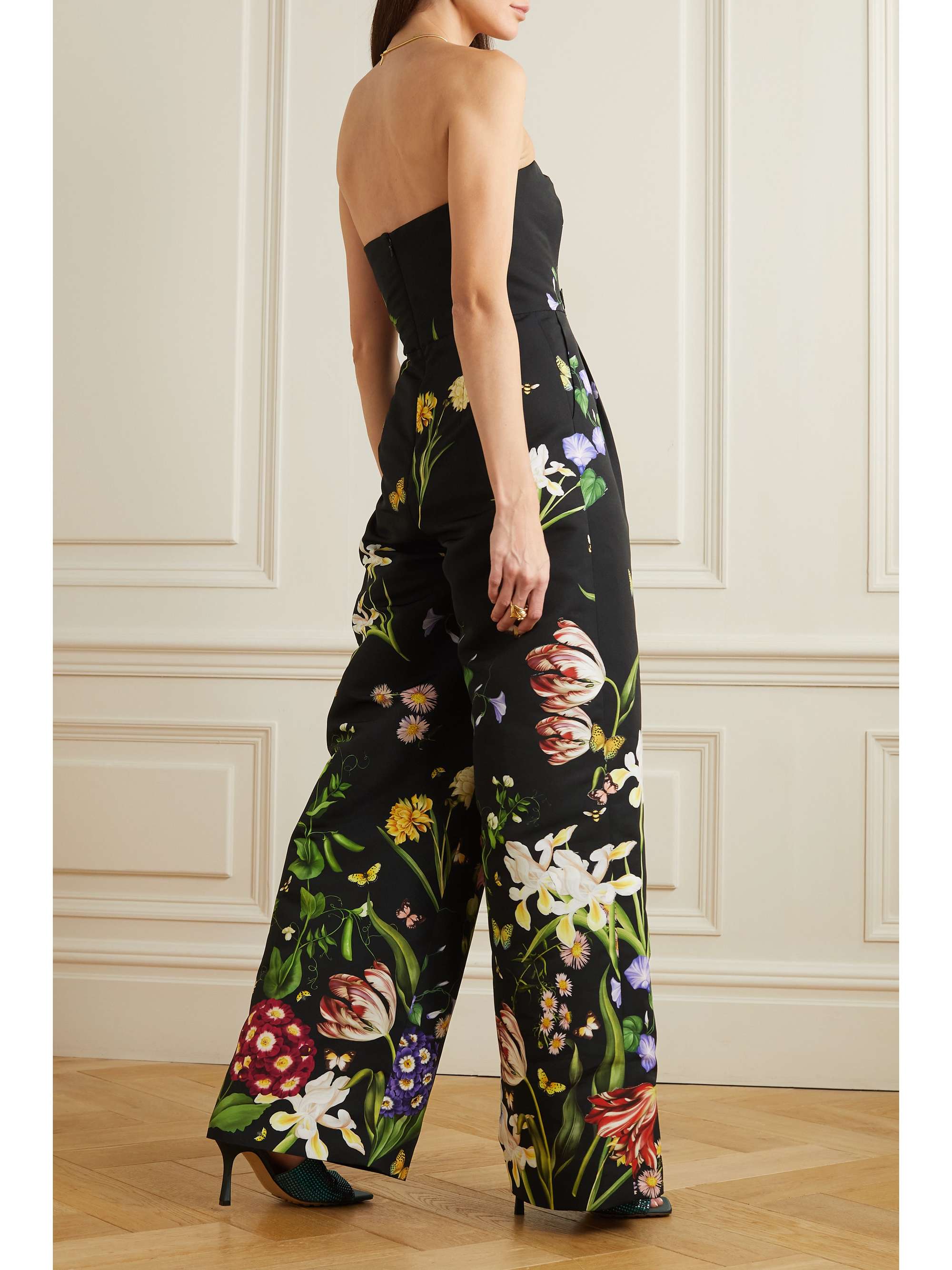 OSCAR DE LA RENTA Strapless appliquéd floral-print faille jumpsuit