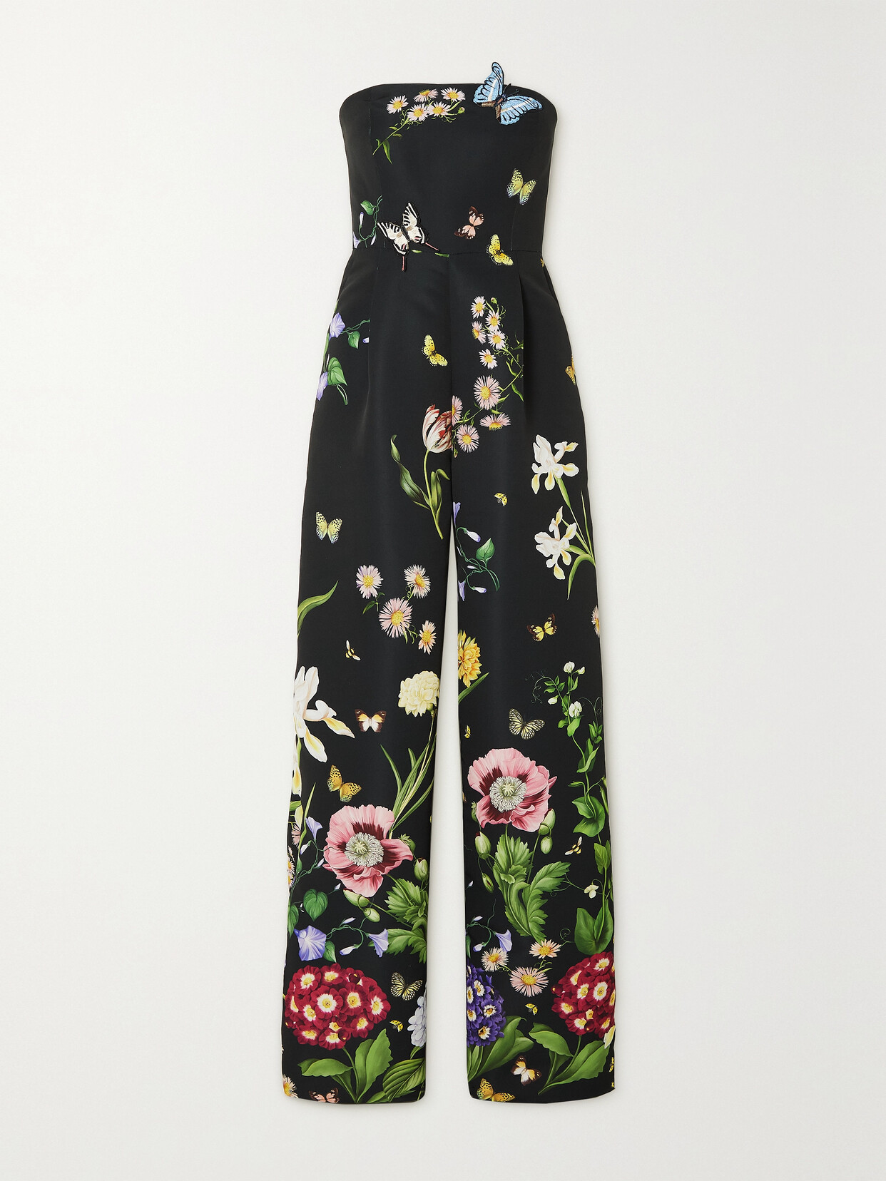 Oscar de la Renta Strapless Appliquéd Floral-print Faille Jumpsuit