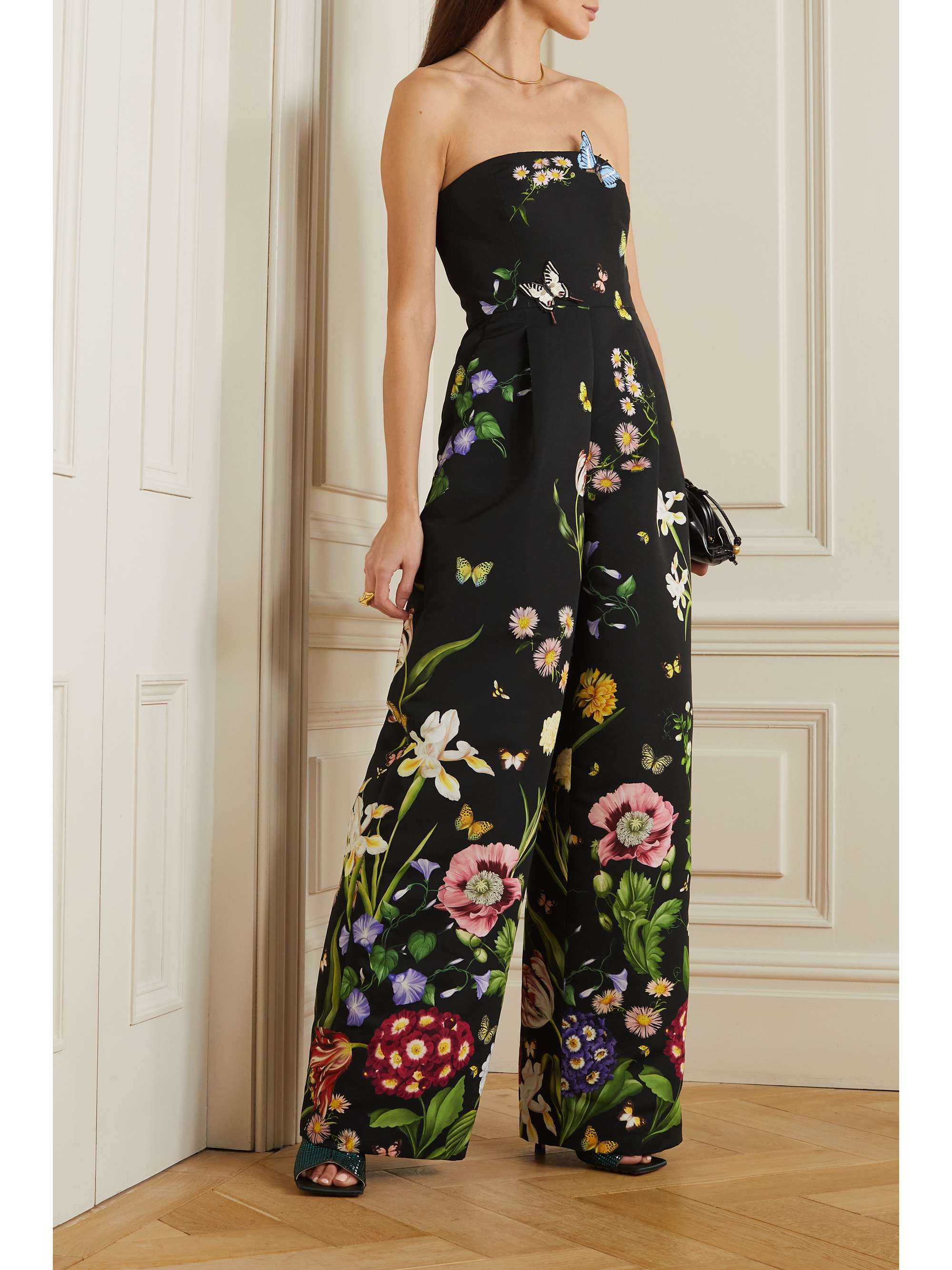 OSCAR DE LA RENTA Strapless appliquéd floral-print faille jumpsuit