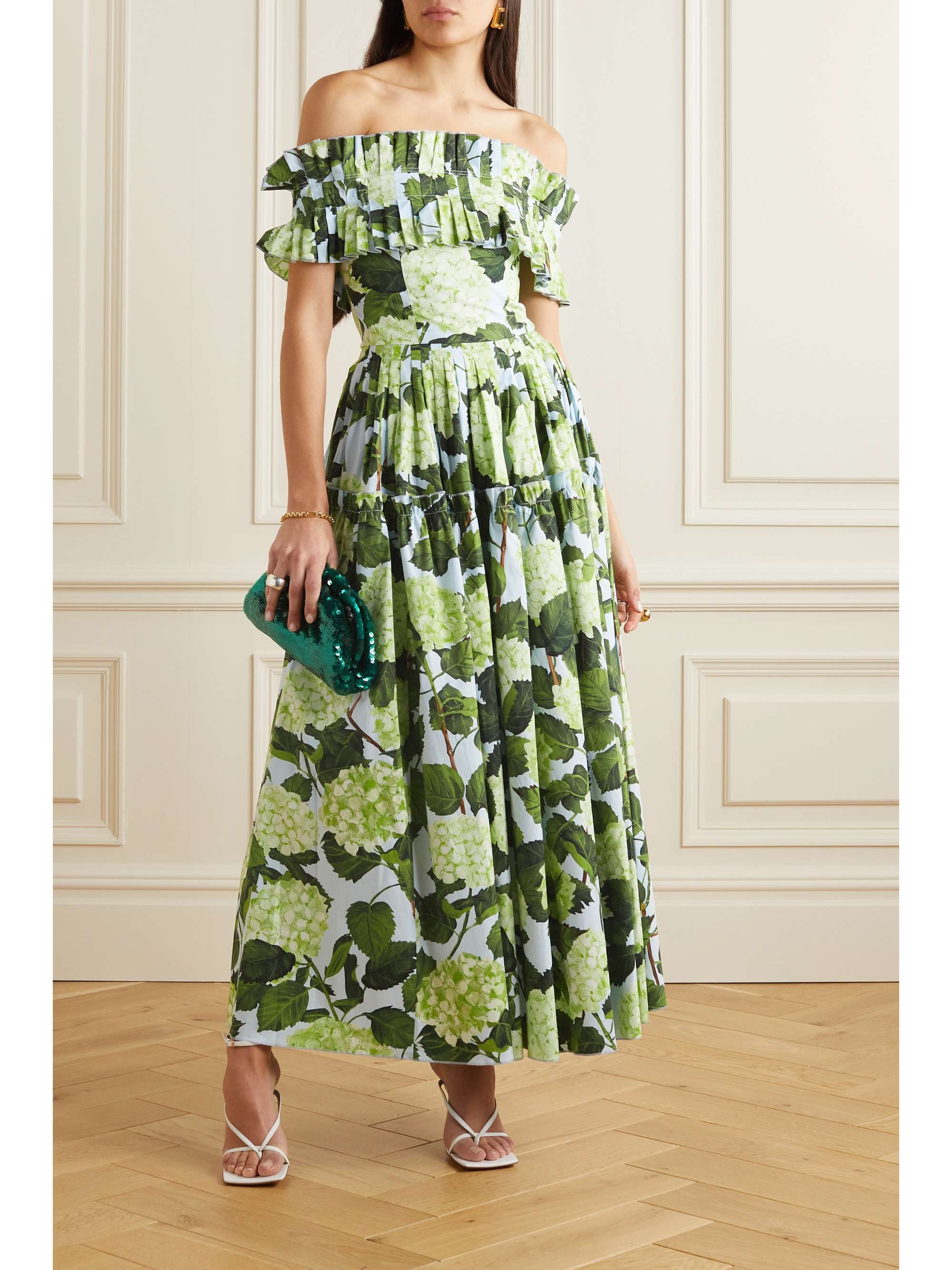 OSCAR DE LA RENTA Offtheshoulder ruffled floralprint cottonblend