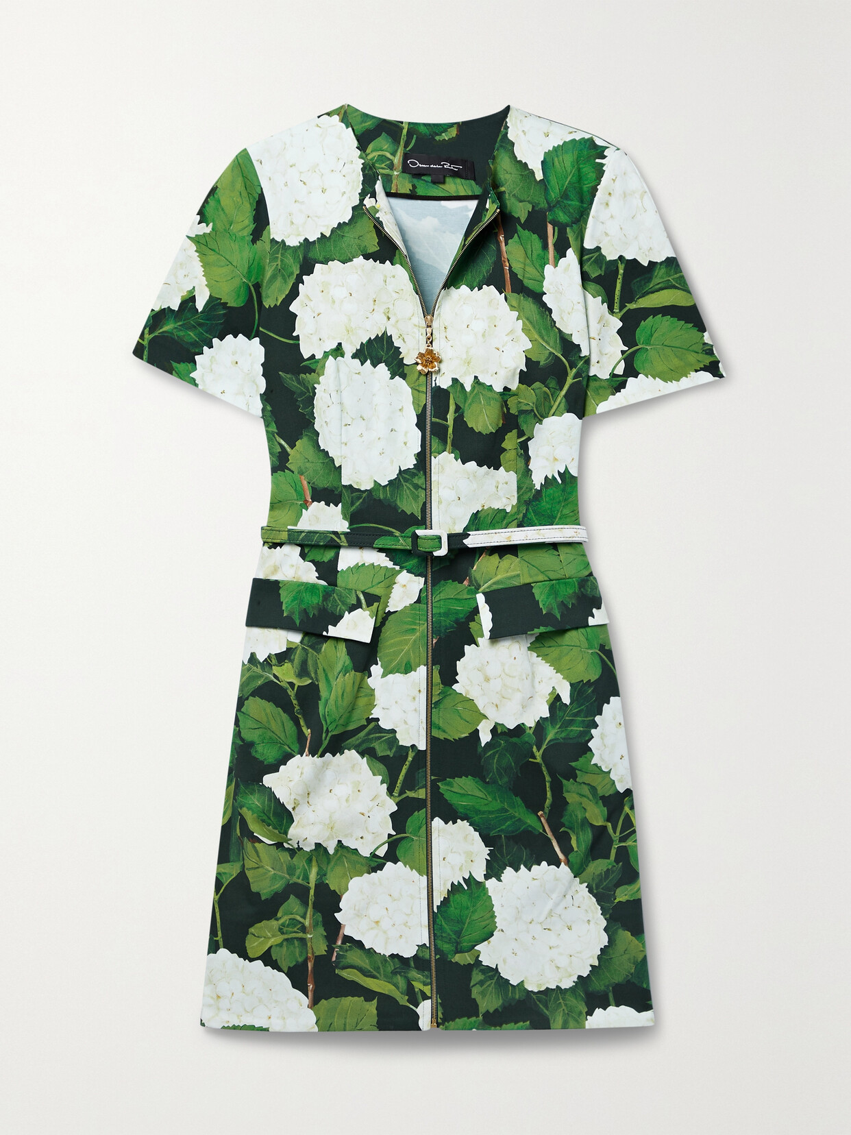 Oscar de la Renta - Belted Floral-print Cotton-blend Stretch-twill Mini Dress - Green