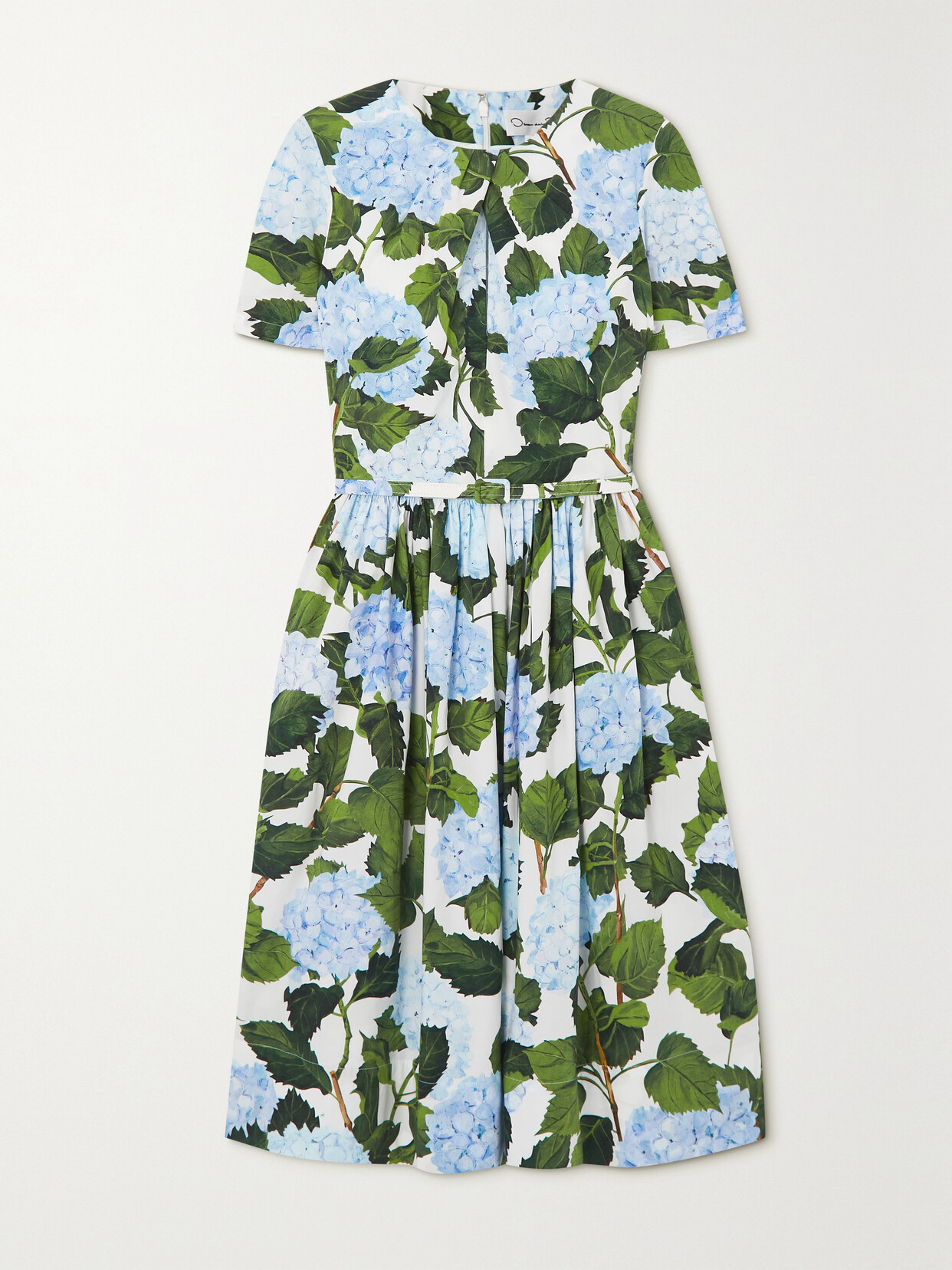 OSCAR DE LA RENTA BELTED FLORAL-PRINT COTTON-BLEND POPLIN DRESS